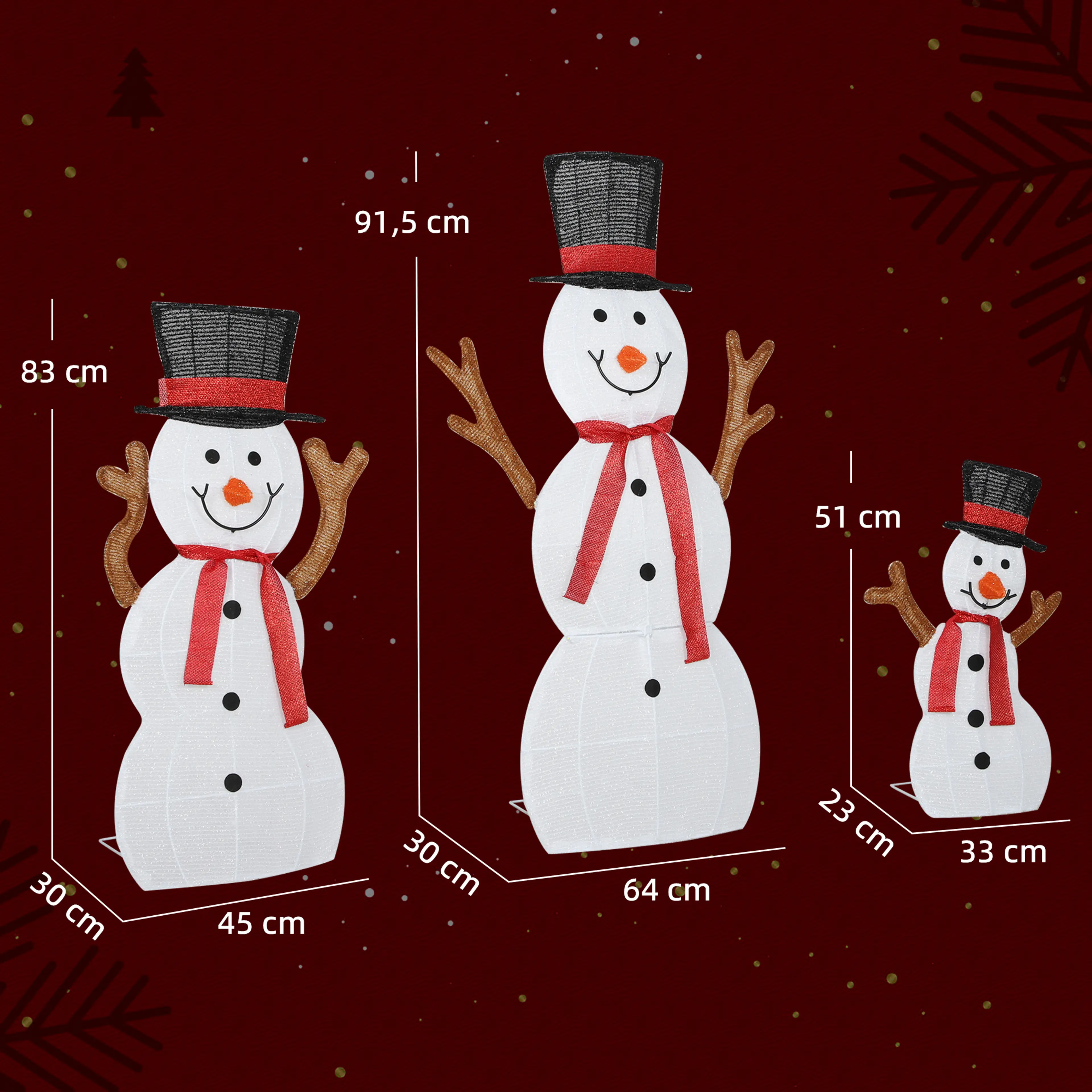 Måttskiss över de tre snögubbarnas höjd och bredd