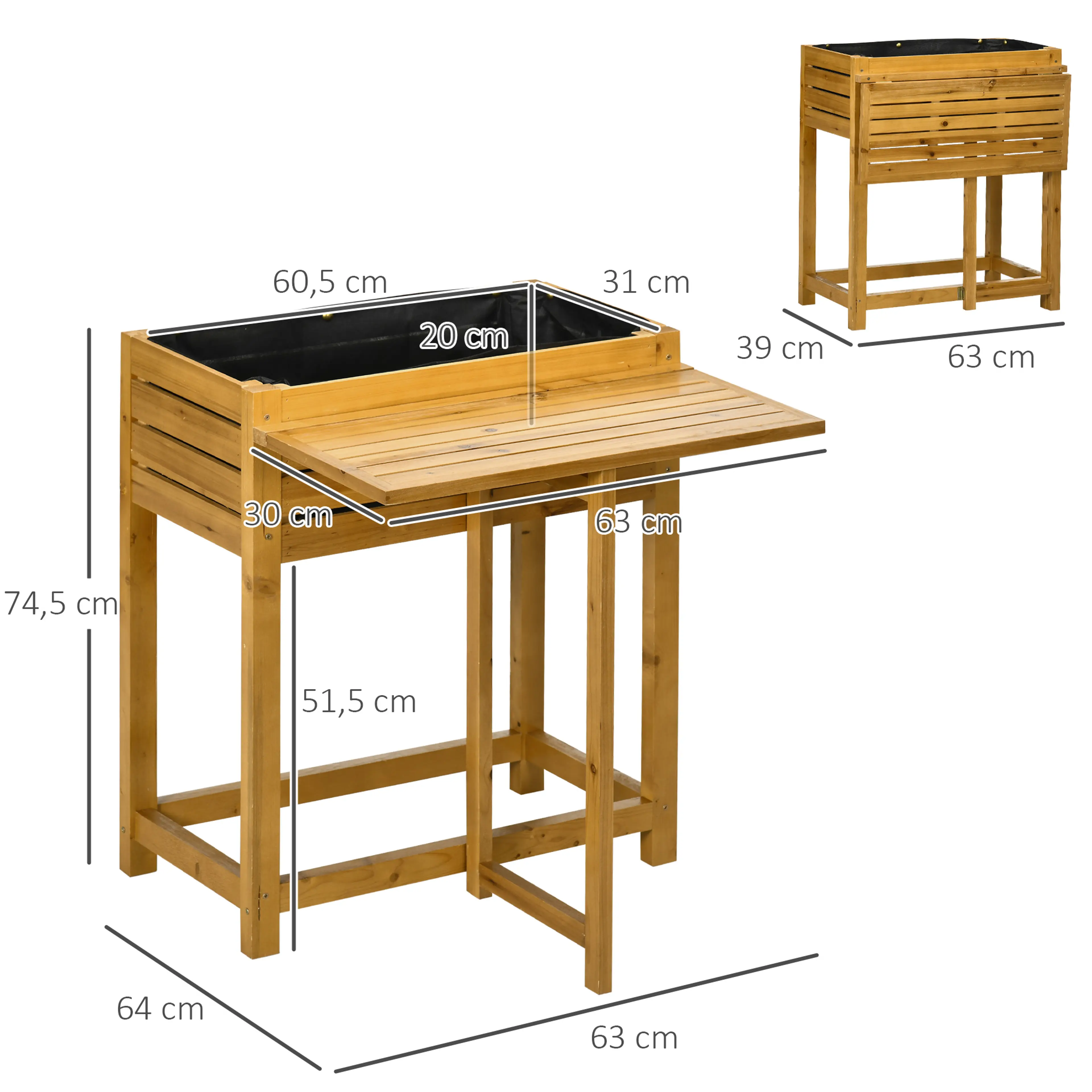 Måttritning: utfällt och hopfällt läge, odlingsyta 60,5 × 31 cm och 20 cm djup