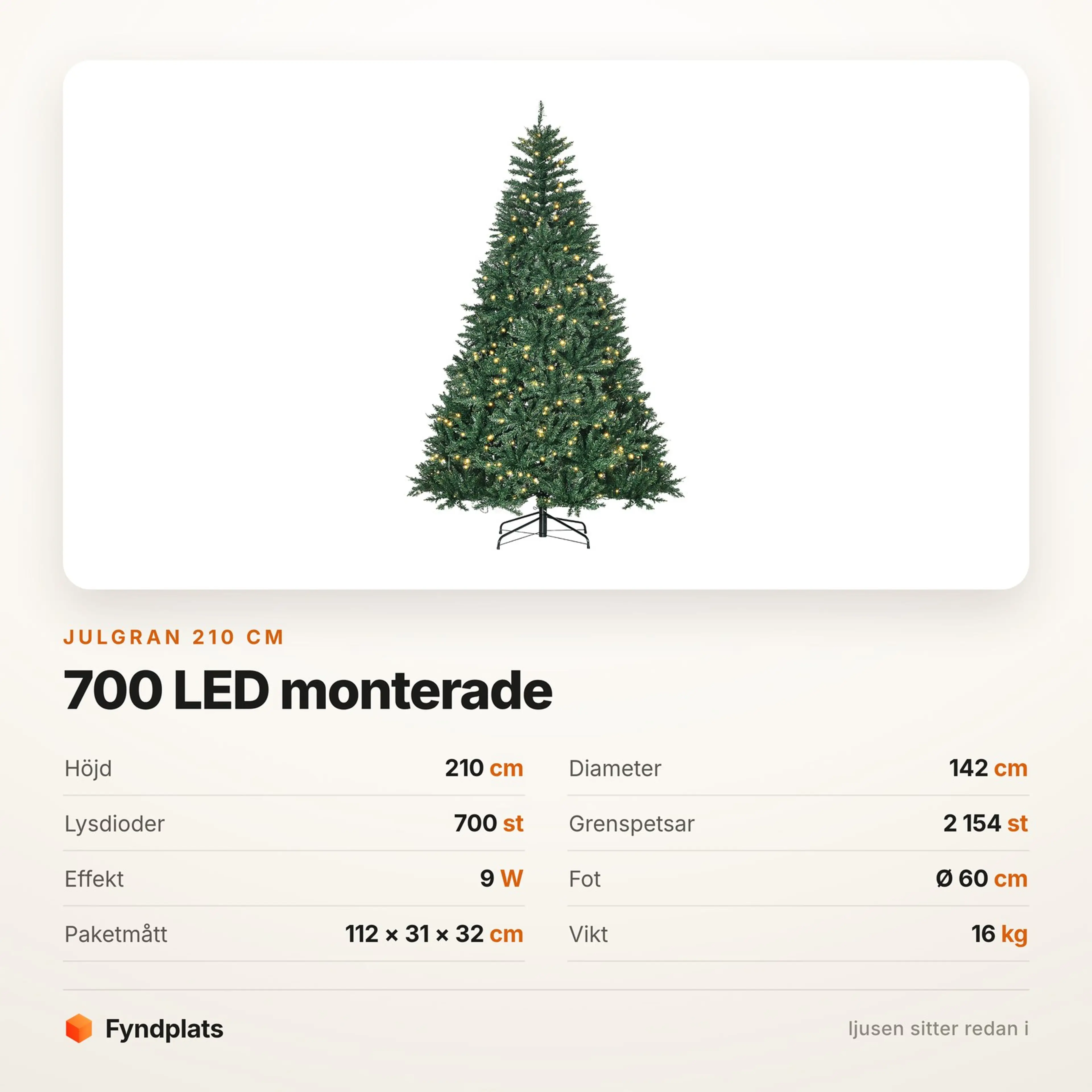 Faktakort: julgran 210 cm med 700 monterade LED och 2 154 grenspetsar
