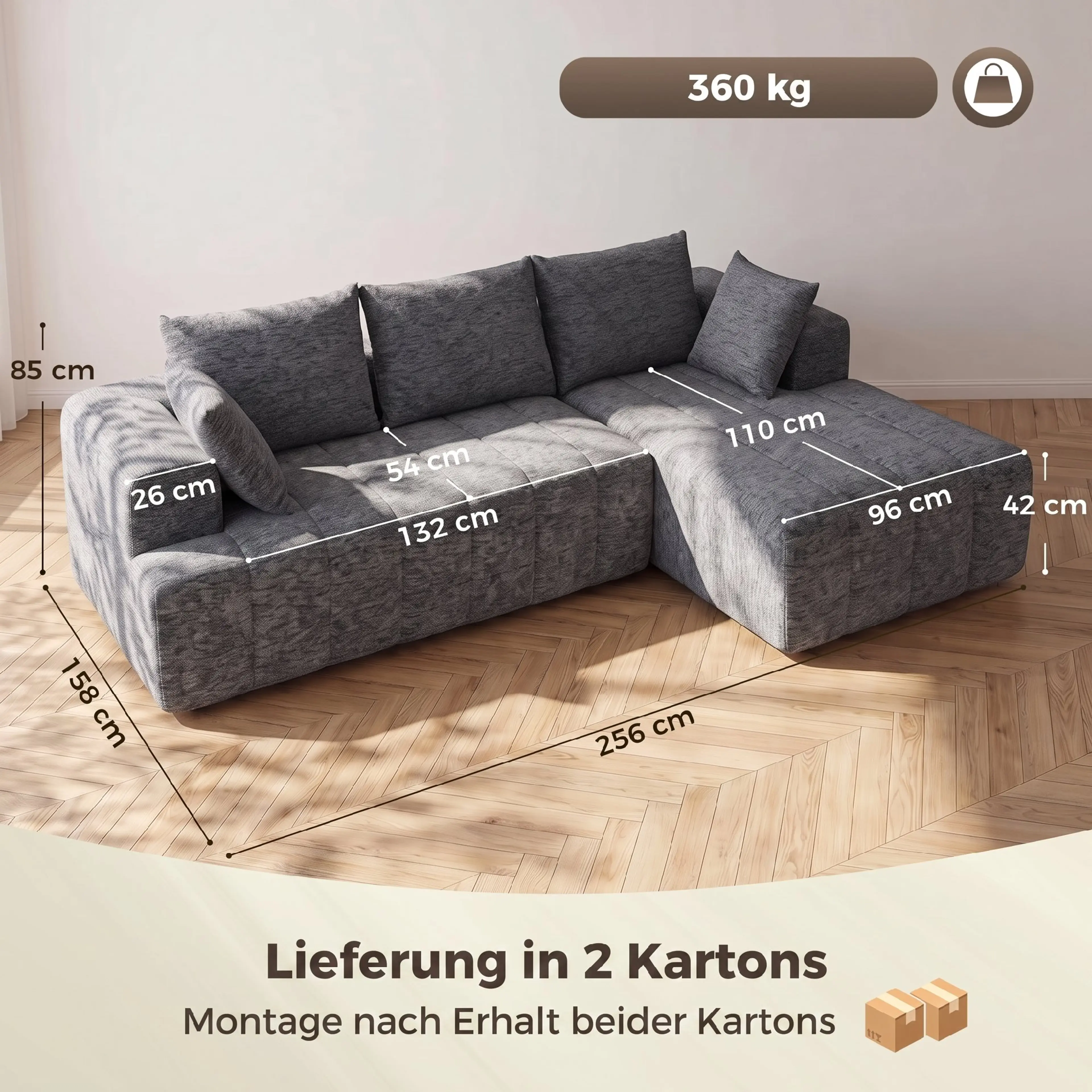 Måttritning: 256 × 158 × 85 cm och 42 cm sittdyna