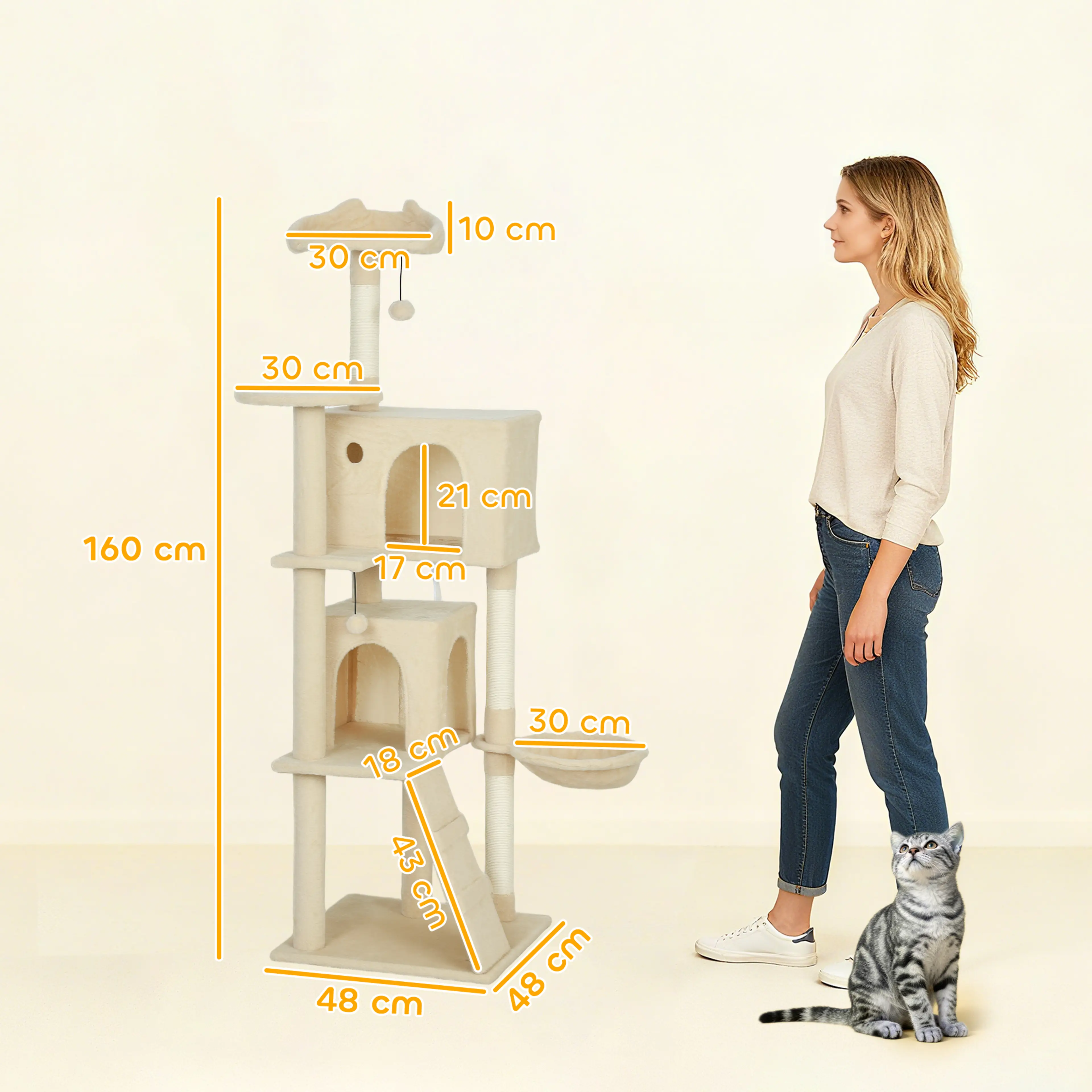 Måttskiss: 48 × 48 cm golvyta och 160 cm höjd, jämförd med en person på 180 cm