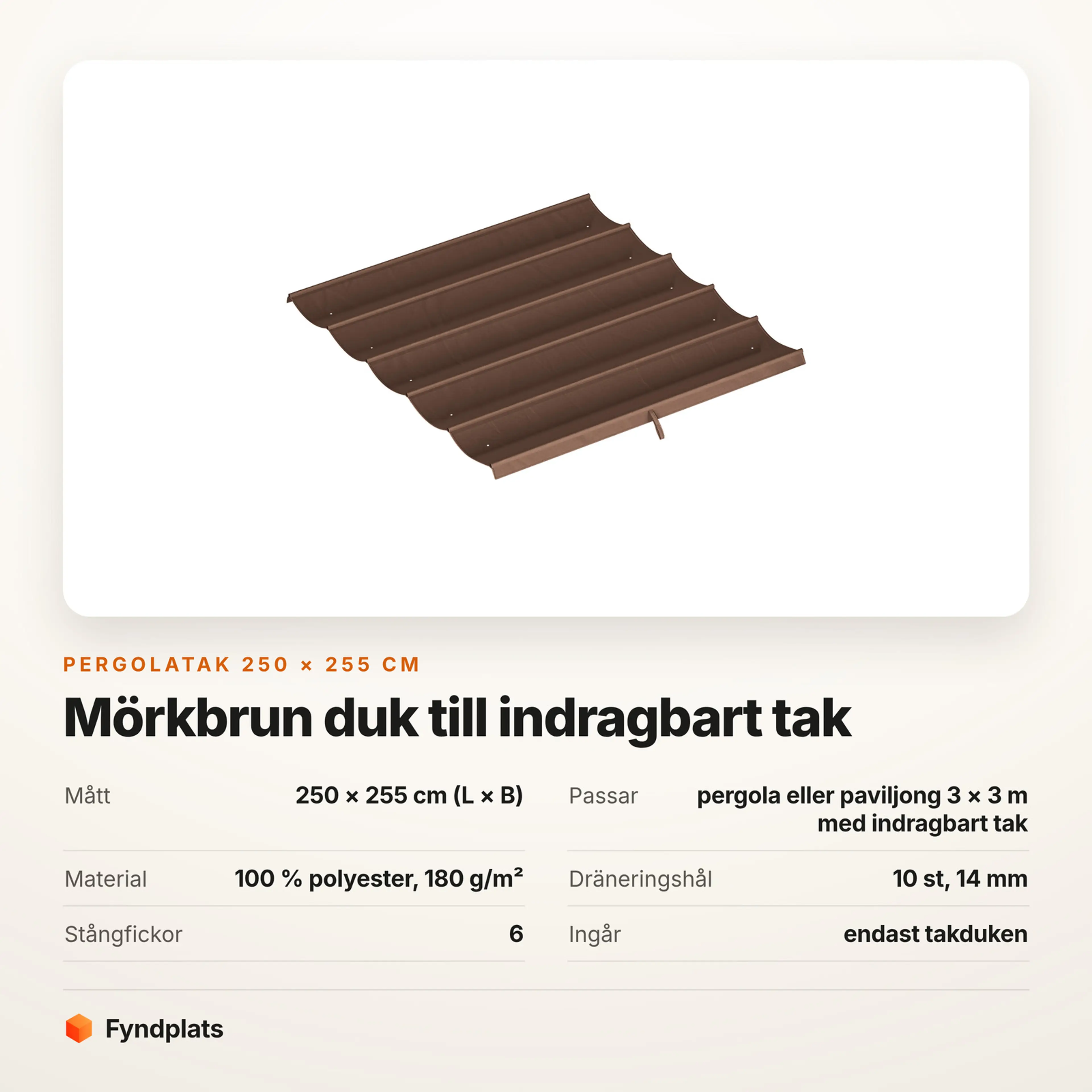 Faktakort för pergolataket i mörkbrun med mått, material, dräneringshål och vad som ingår