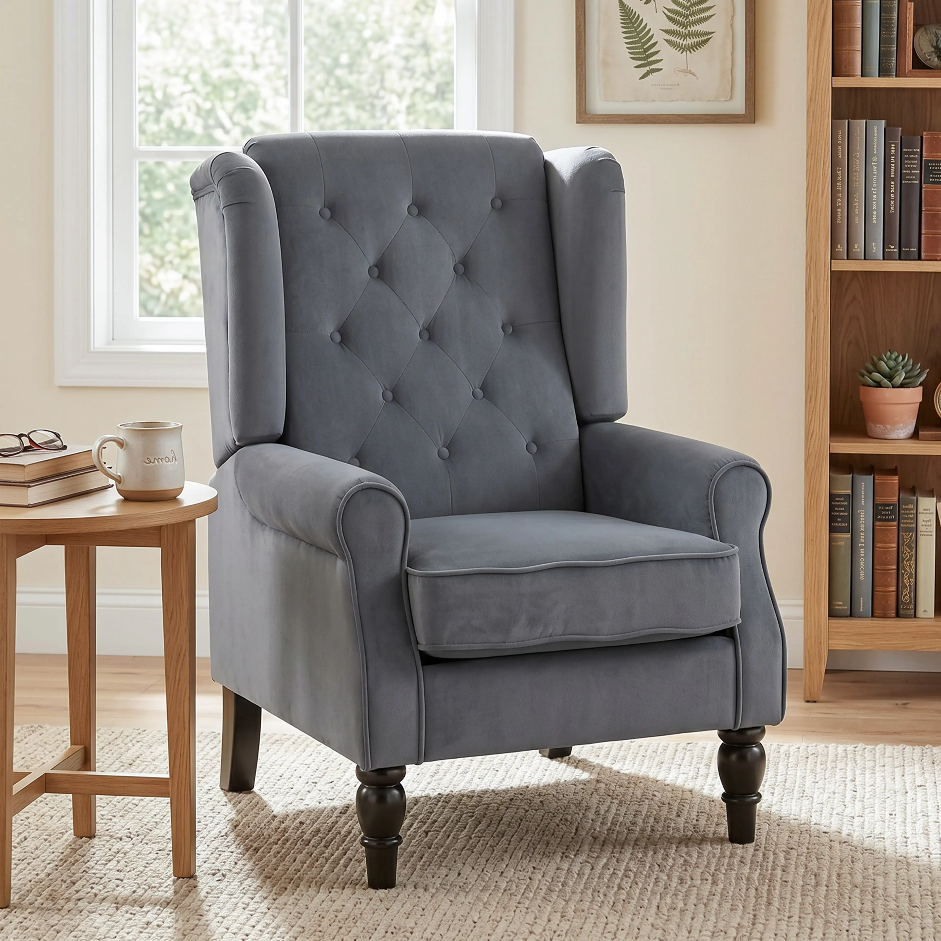 Grå sammetsfåtölj sedd rakt framifrån, 74 cm bred