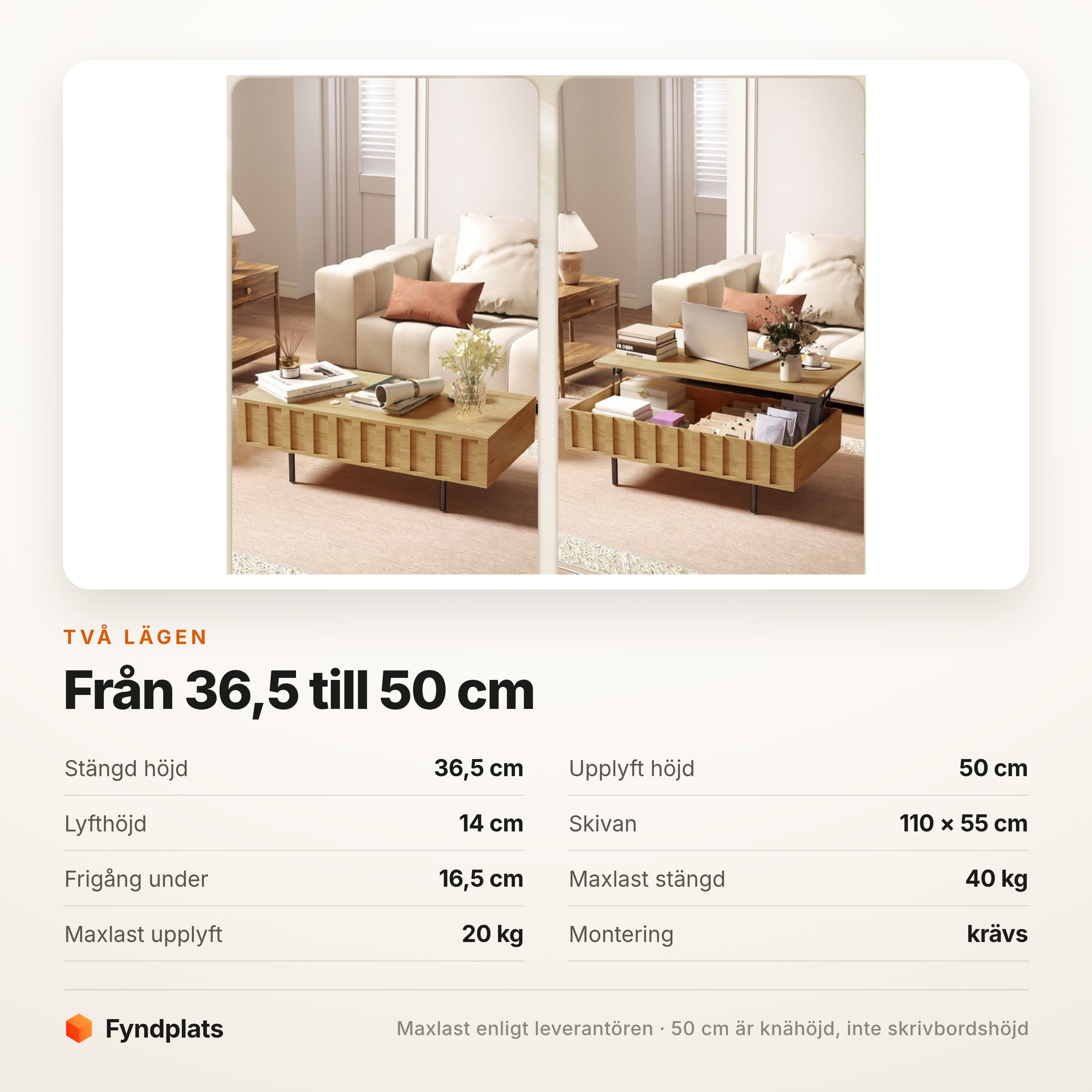 Specifikationskort över bordets två lägen: 36,5 cm nere och 50 cm uppe