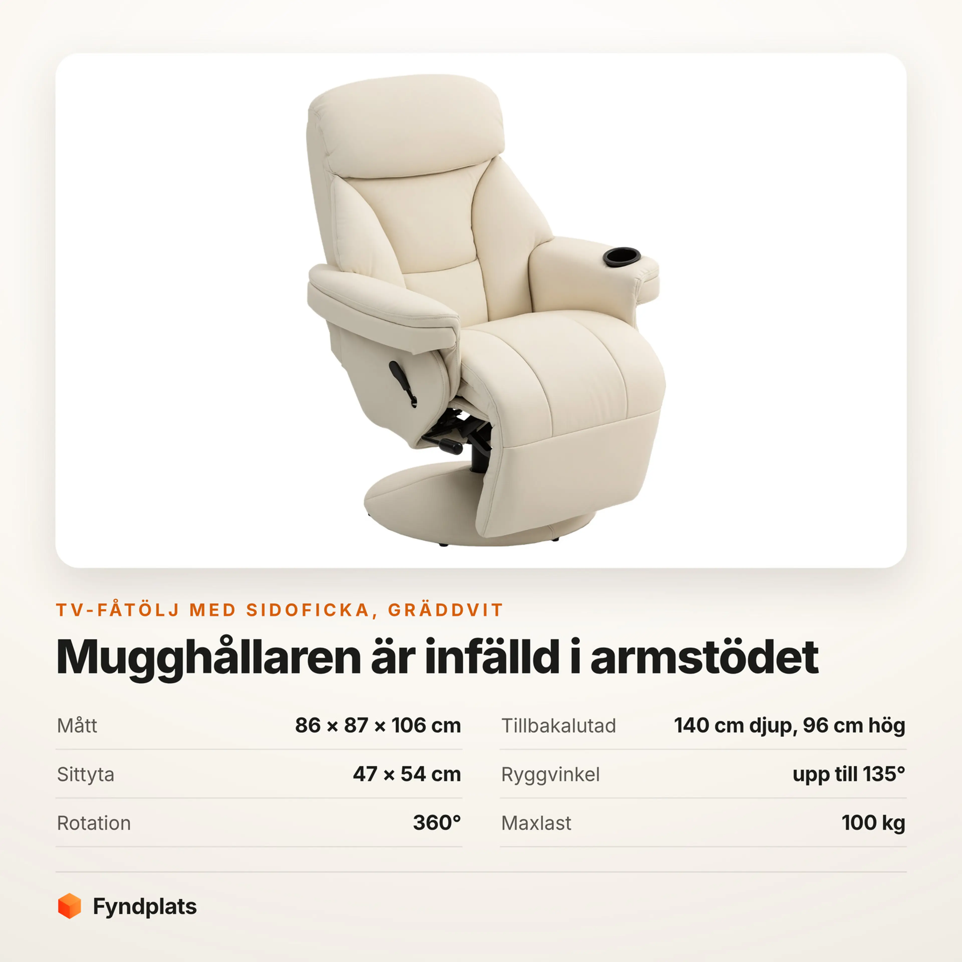 Tv-fåtölj i gräddvitt konstläder – Faktakort med mått, sittyta, ryggvinkel, rotation och maxlast