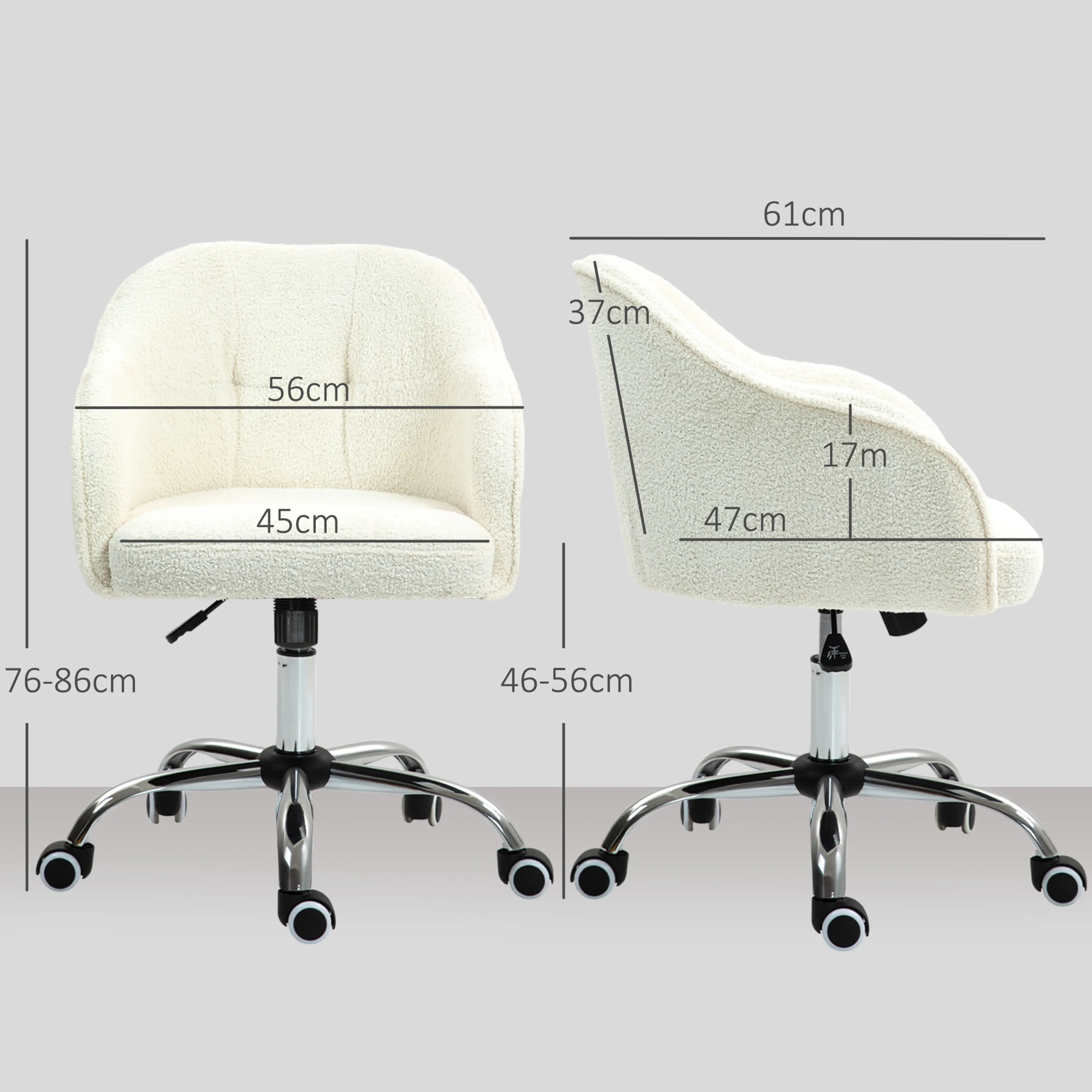 Sminkstol i gräddvit teddytyg, måttskiss med mått i centimeter, framifrån och från sidan