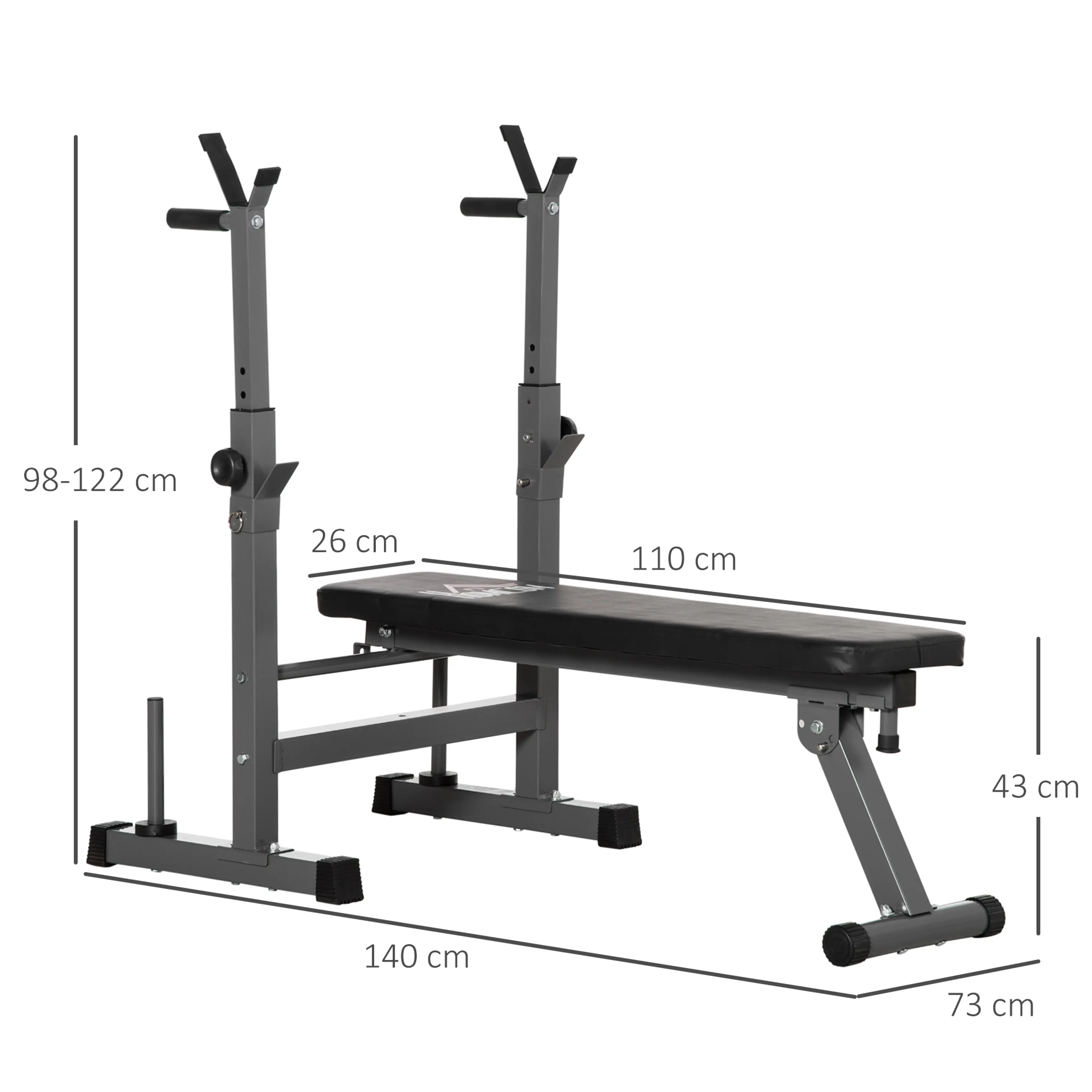 Måttskiss: bänken tar 140 × 73 cm i golvet, dynan är 110 × 26 cm och ligger 43 cm över golvet, och ställets klykor står mellan 98 och 122 cm.