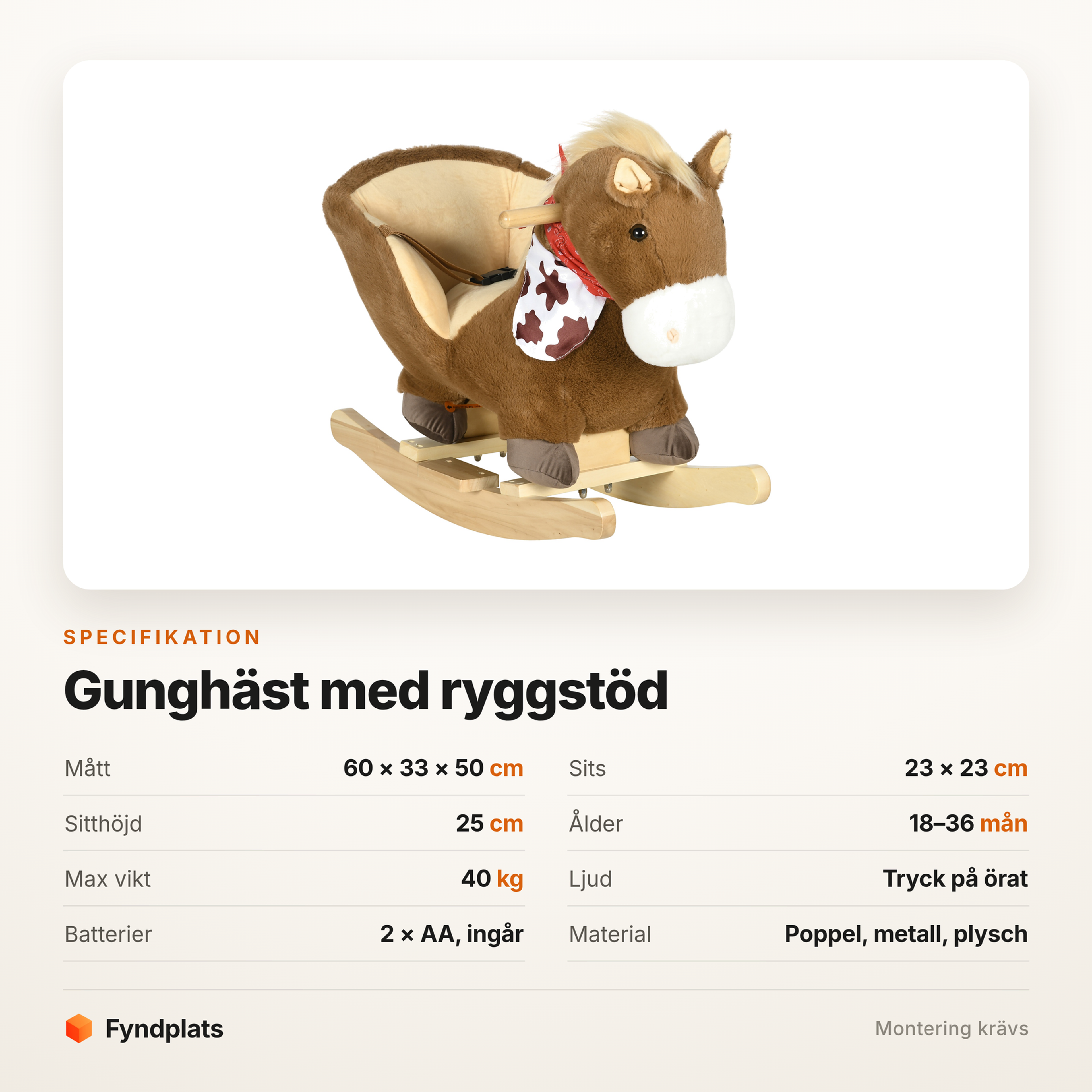 Specifikation för gunghäst med ryggstöd – 18–36 månader, max 40 kg