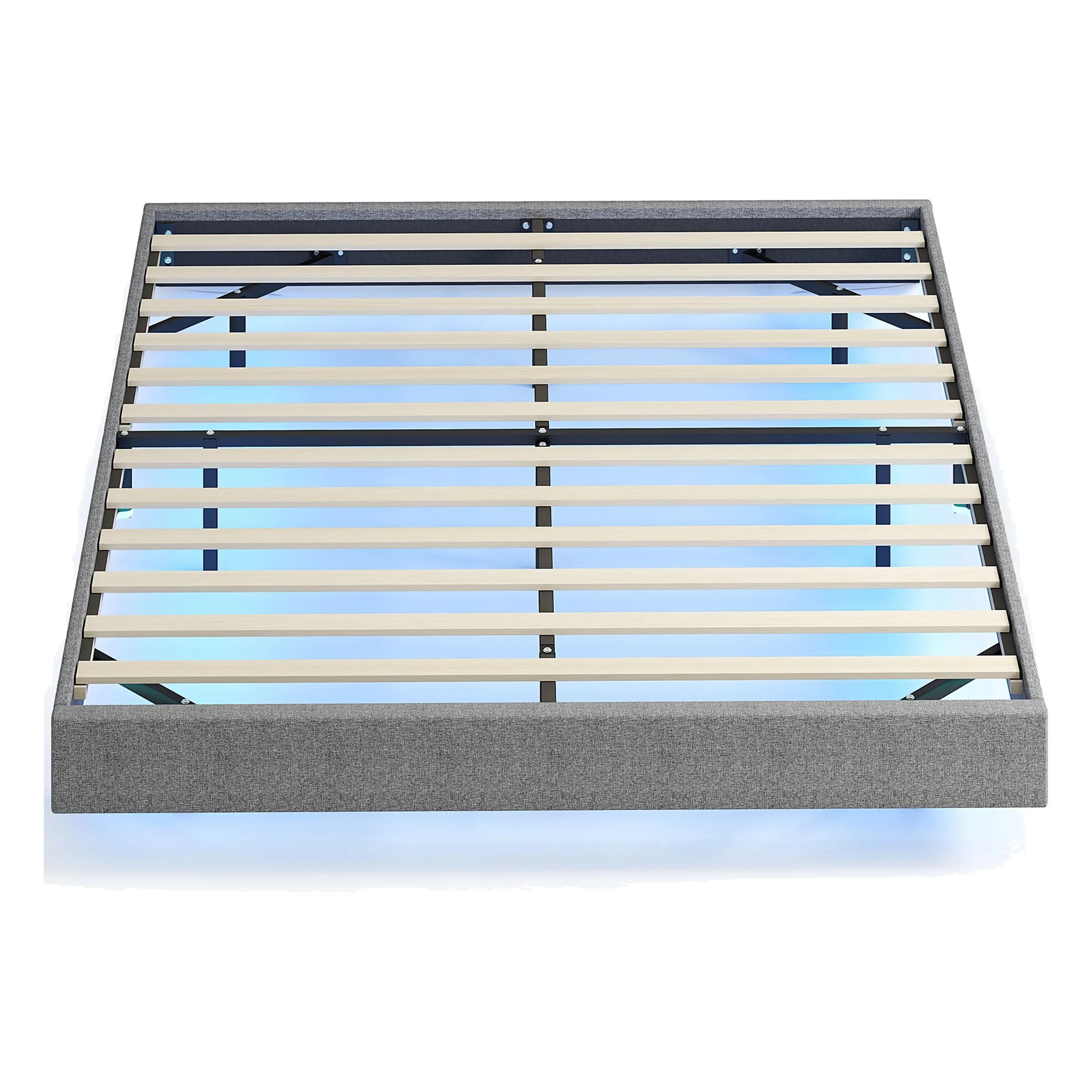 Grå sängbas med RGB-belysning och tolv plywoodribbor