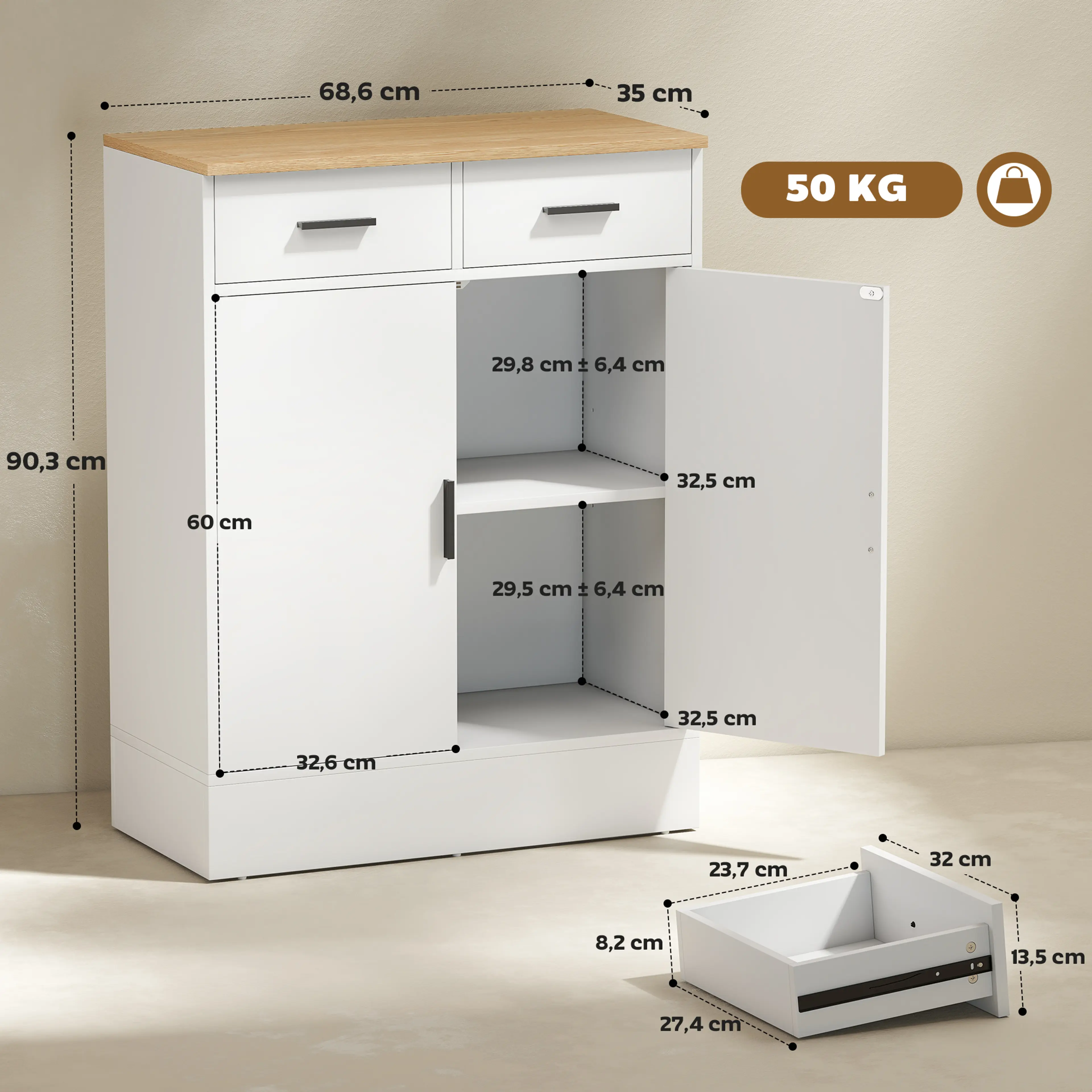 Måttbild på skänken, 68,6 × 35 × 90,3 cm, med skåpets och lådornas mått och maxlast 50 kg