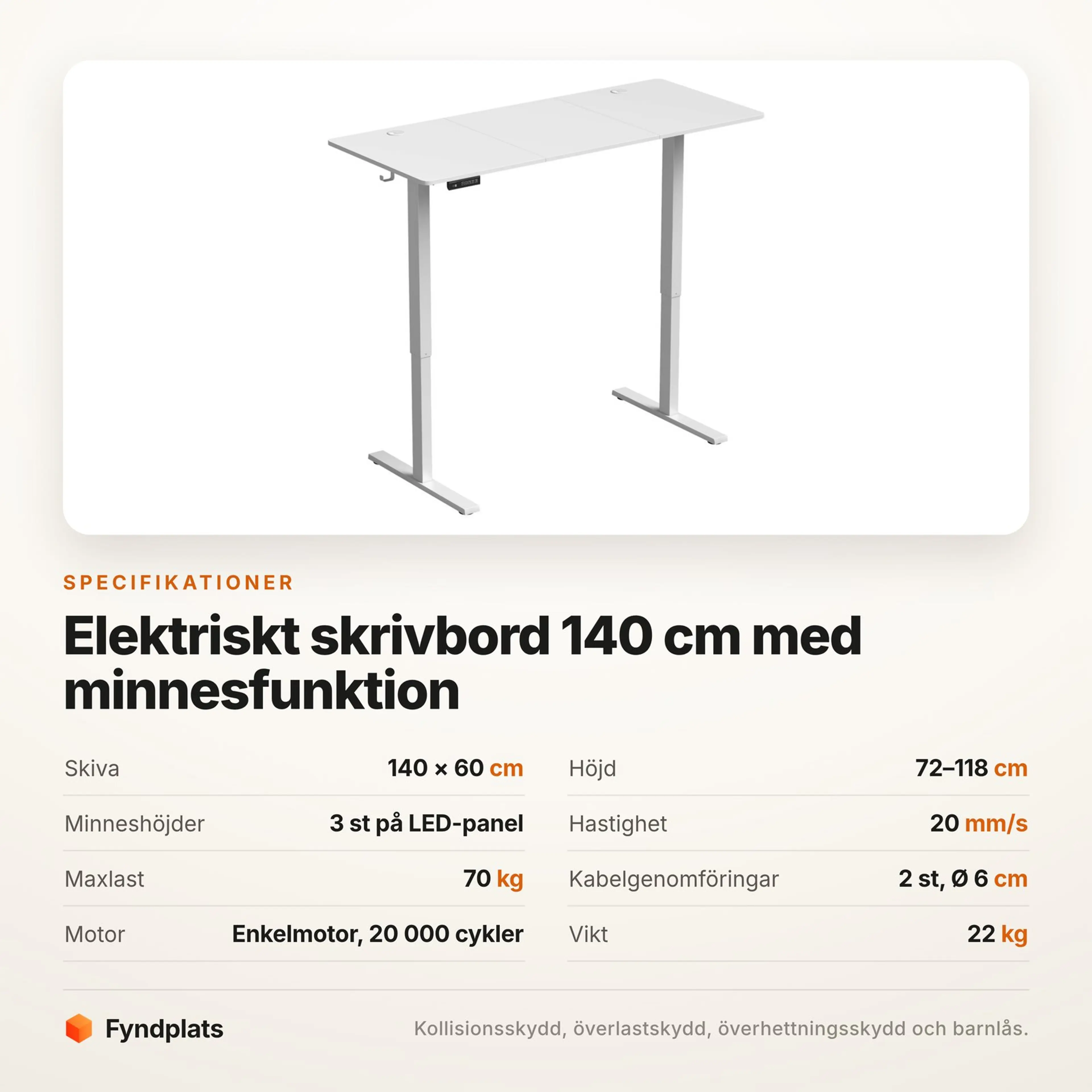Fyndplats specifikationskort med bordets höjdspann, minneshöjder och maxlast