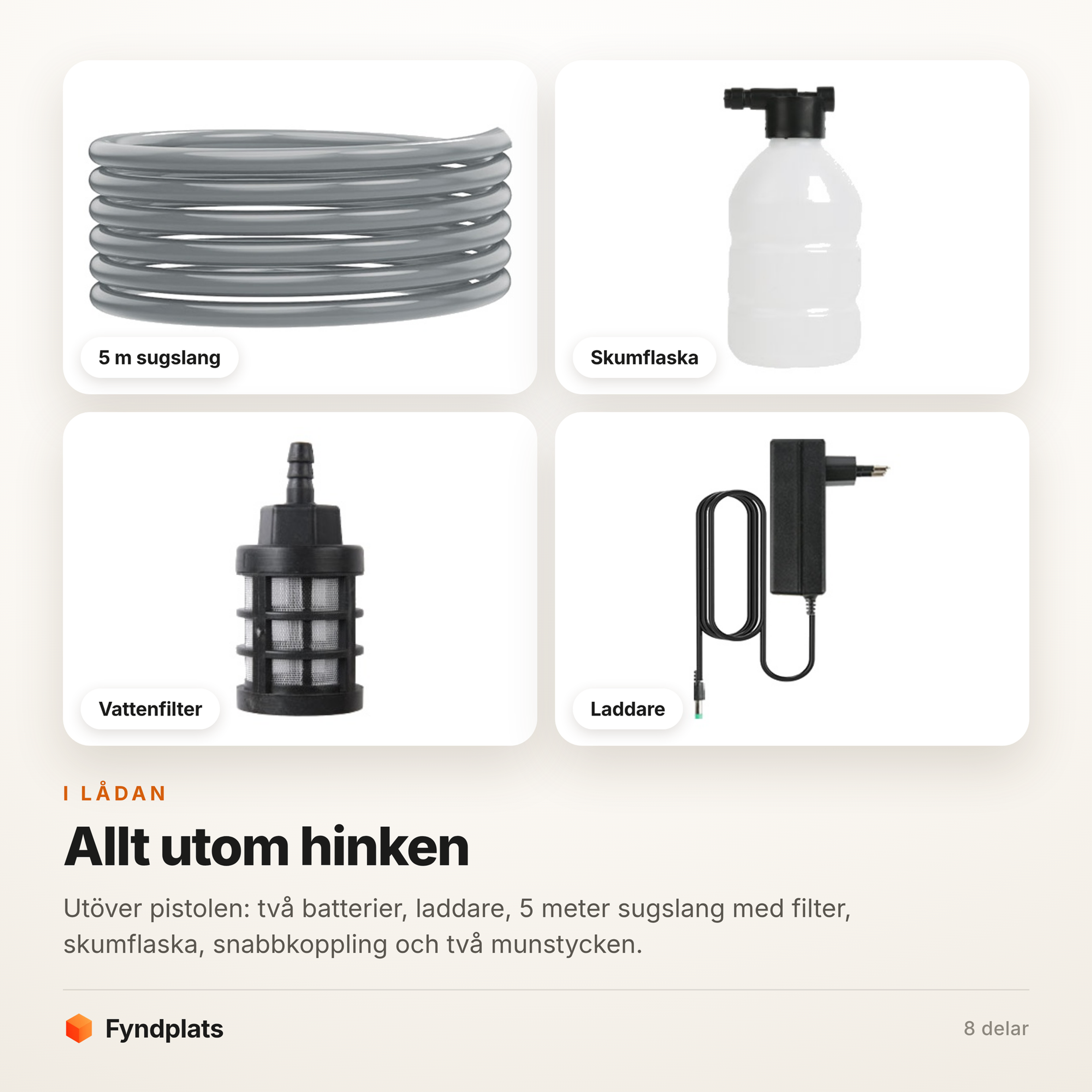 Det som ingår: 5 m sugslang, skumflaska, vattenfilter och laddare