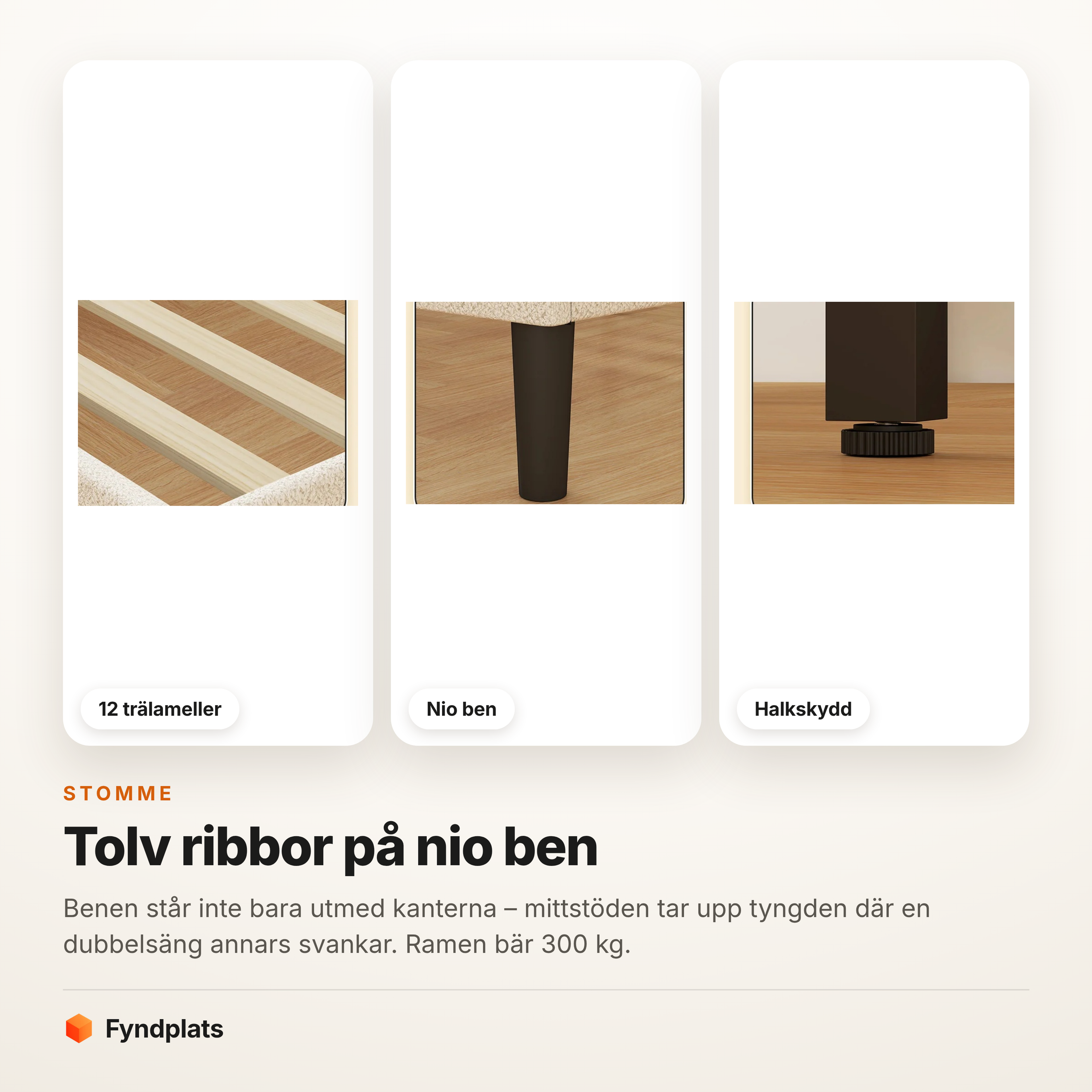 Kort: tolv trälameller, nio ben och halkskydd