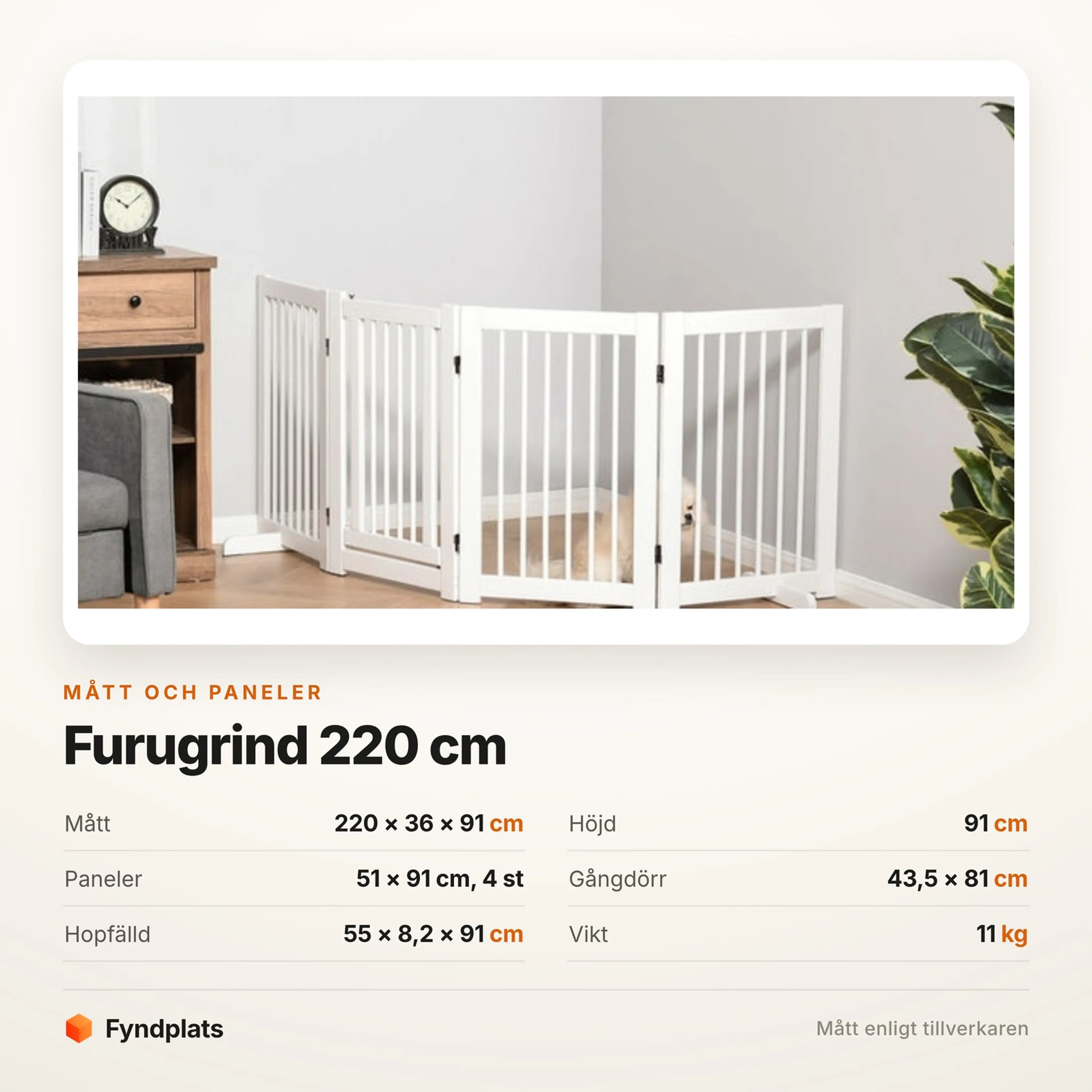 Faktakort: grinden 220 cm bred och 91 cm hög, fyra paneler om 51 cm, gångdörr 43,5 × 81 cm