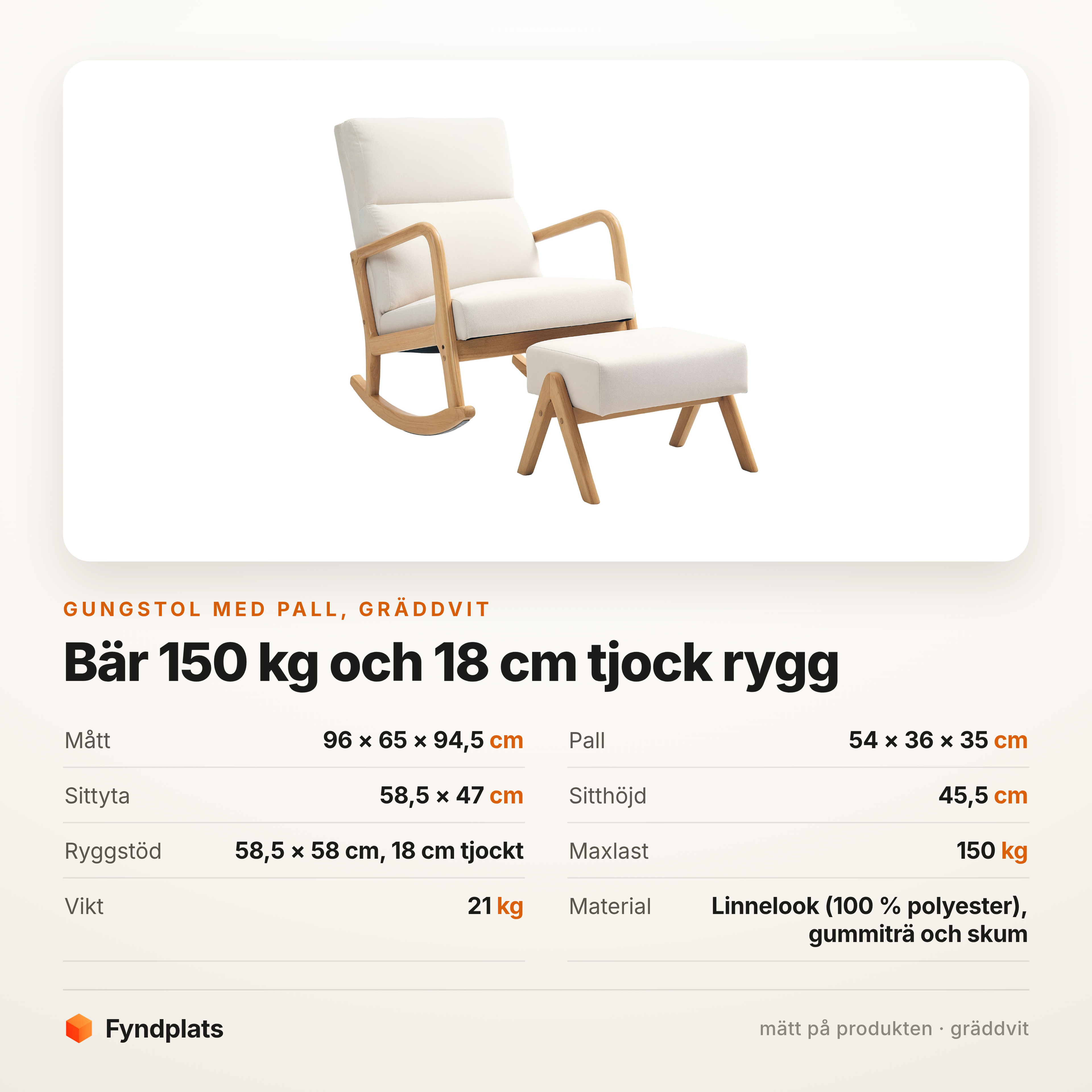 Faktakort: mått, pall, sittyta och maxlast för gungstolen som bär 150 kg