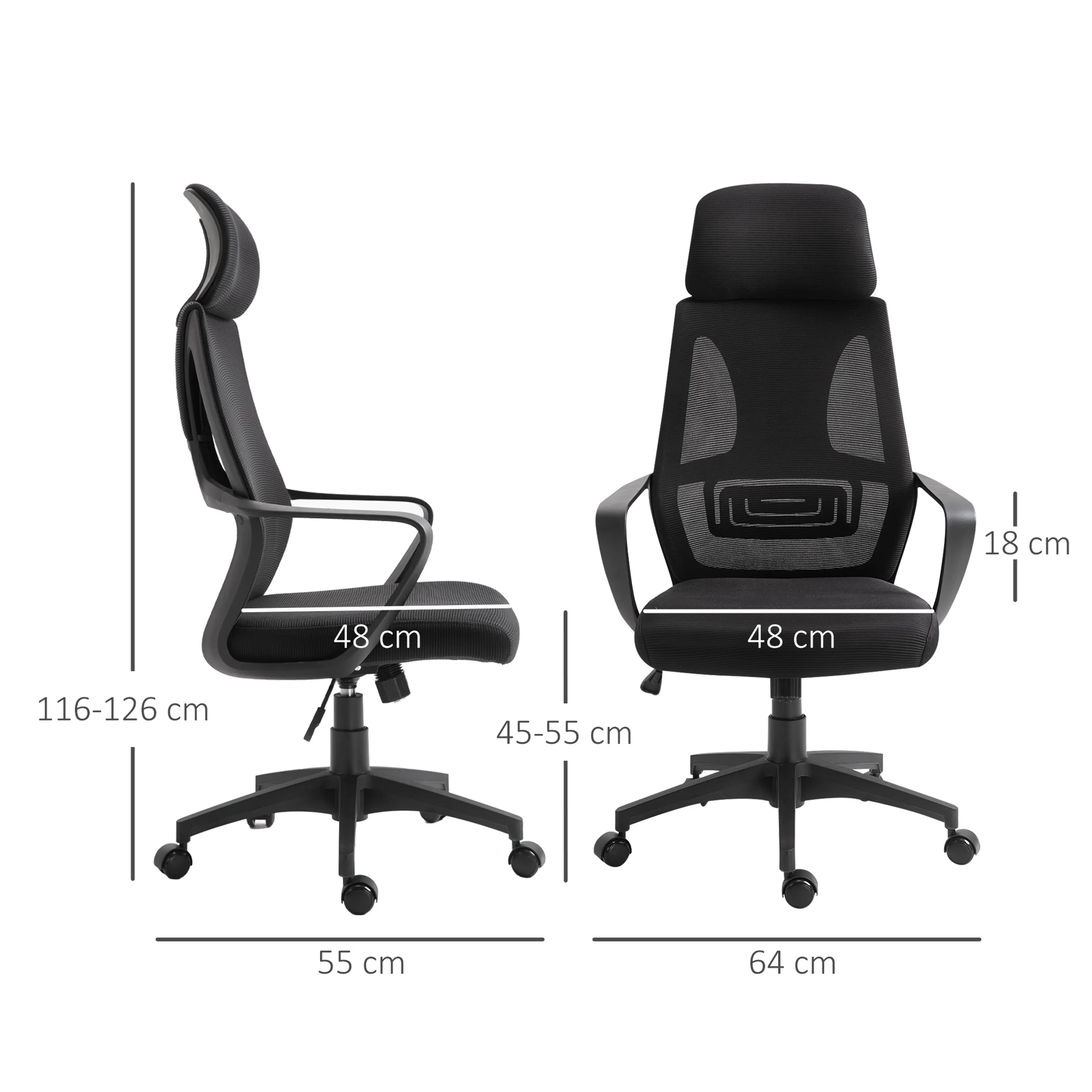 Måttritning med bredd 55 cm, höjd 116–126 cm, sits 48 cm och sitthöjd 45–55 cm