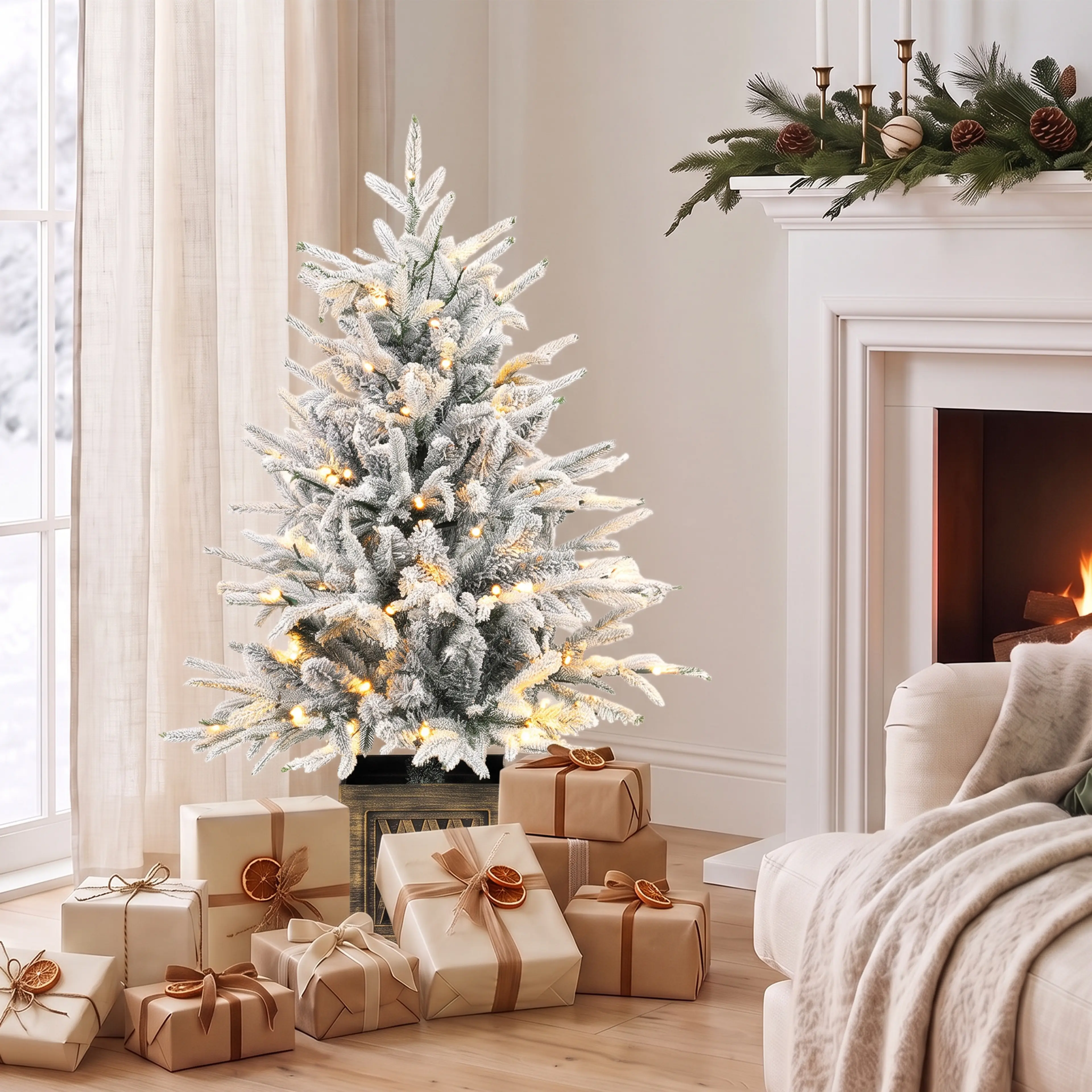 Granen i ett vardagsrum bland julklappar vid en öppen spis