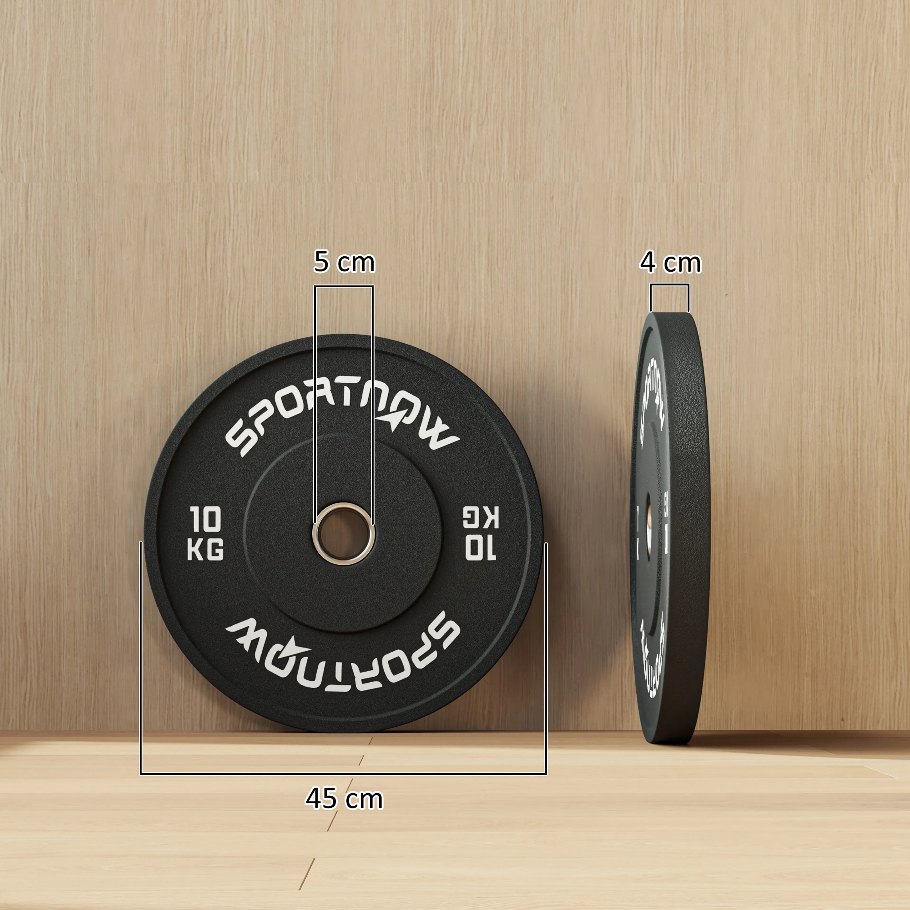 Måttbild på viktskivan, Ø45 cm, 4 cm tjock och med ett hål på 5 cm