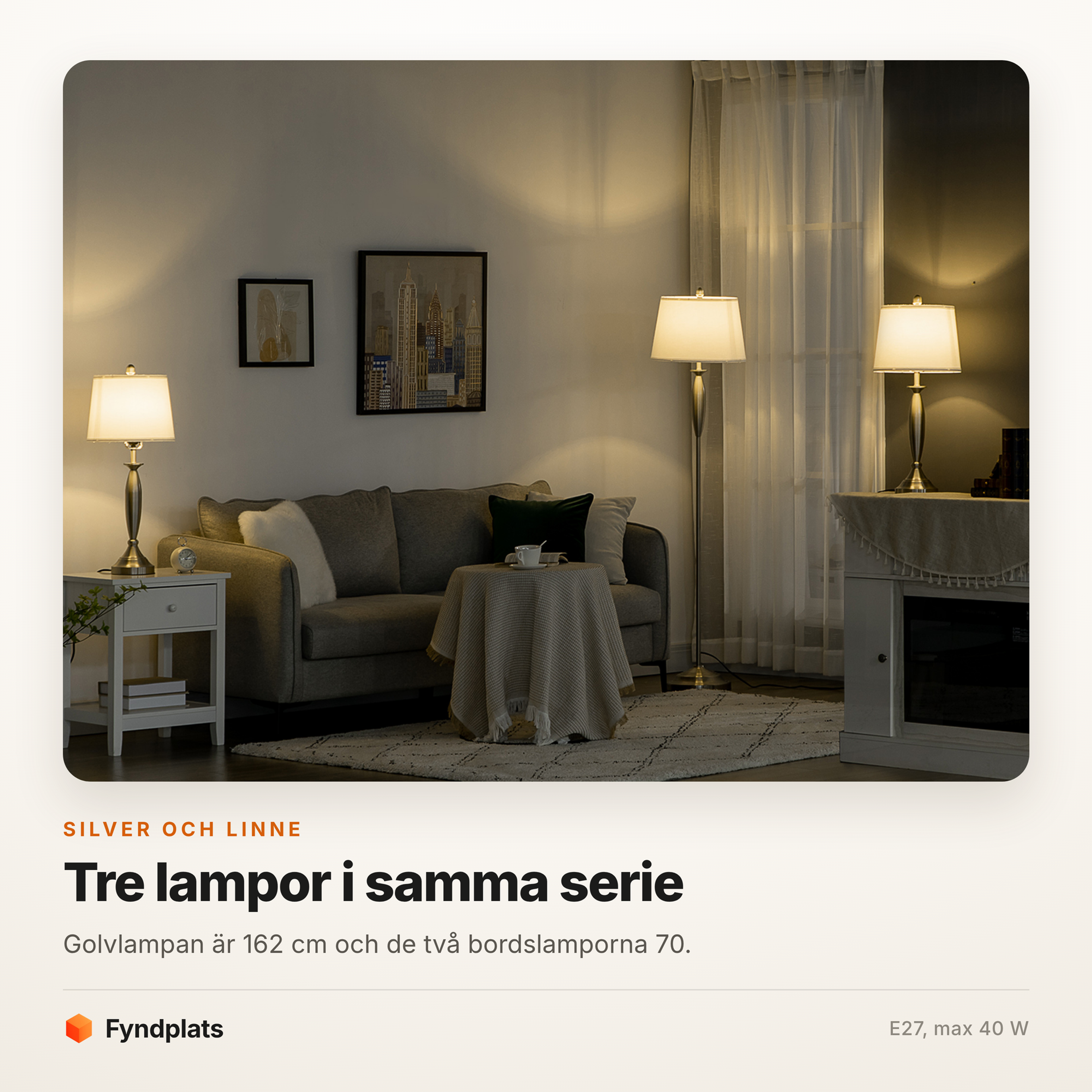 Lampset i tre delar silver – golvlampa 162 cm och två bordslampor i linnelook – bild 2