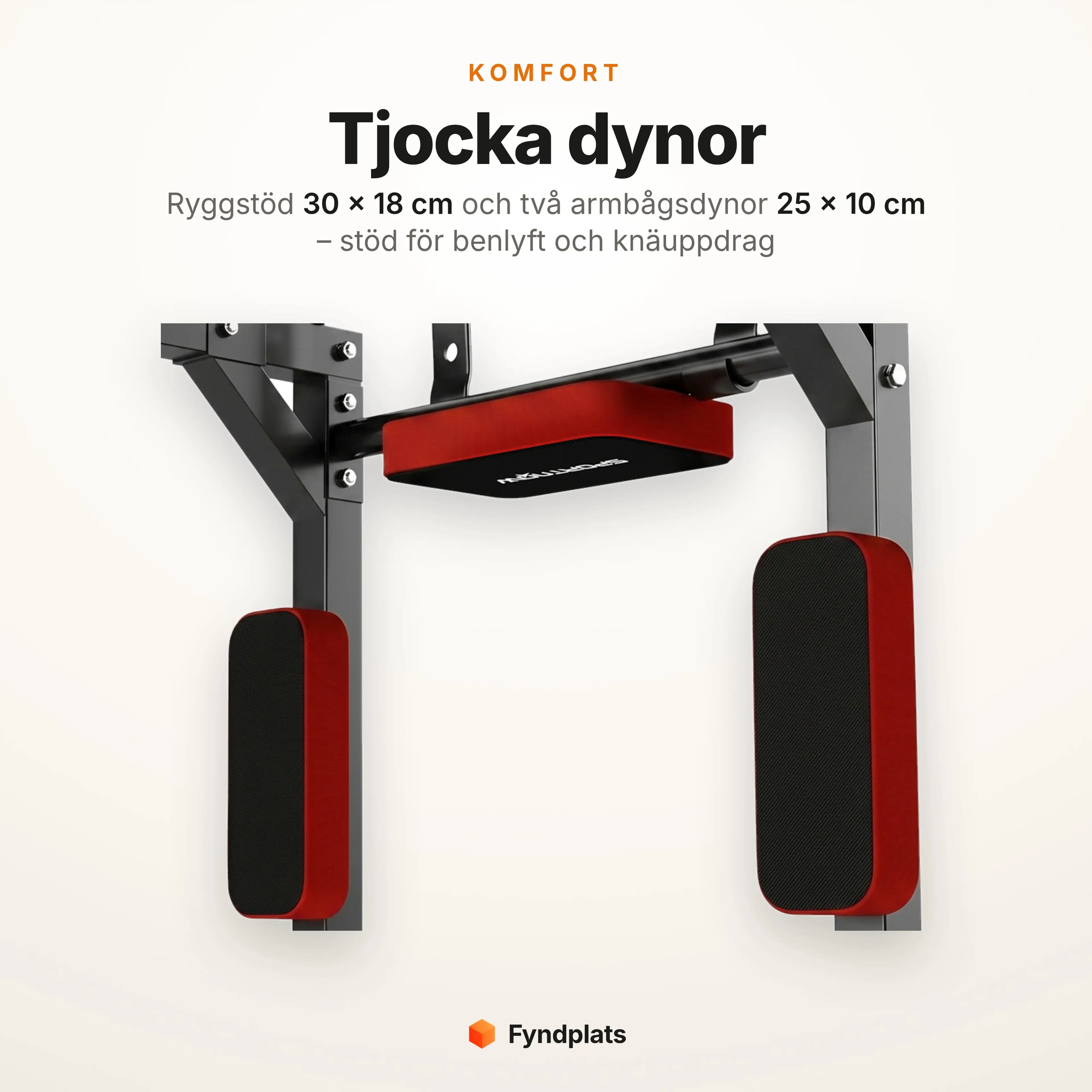 Tjockt ryggstöd 30 × 18 cm och två armbågsdynor 25 × 10 cm för benlyft