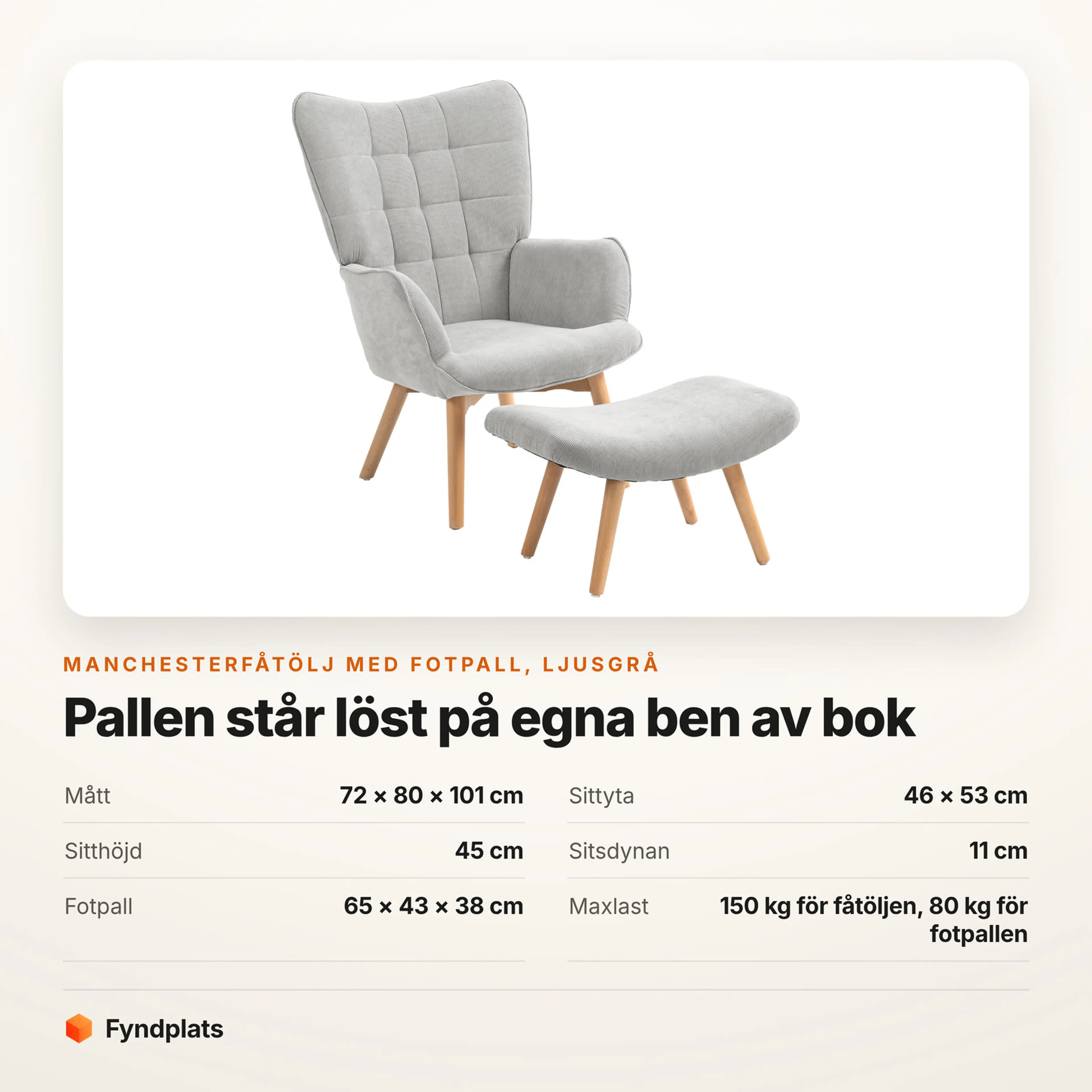 Manchesterfåtölj i ljusgrå med fotpall – Faktakort med mått, sittyta, sitthöjd, sitsdynans tjocklek, fotpallens mått och maxlast