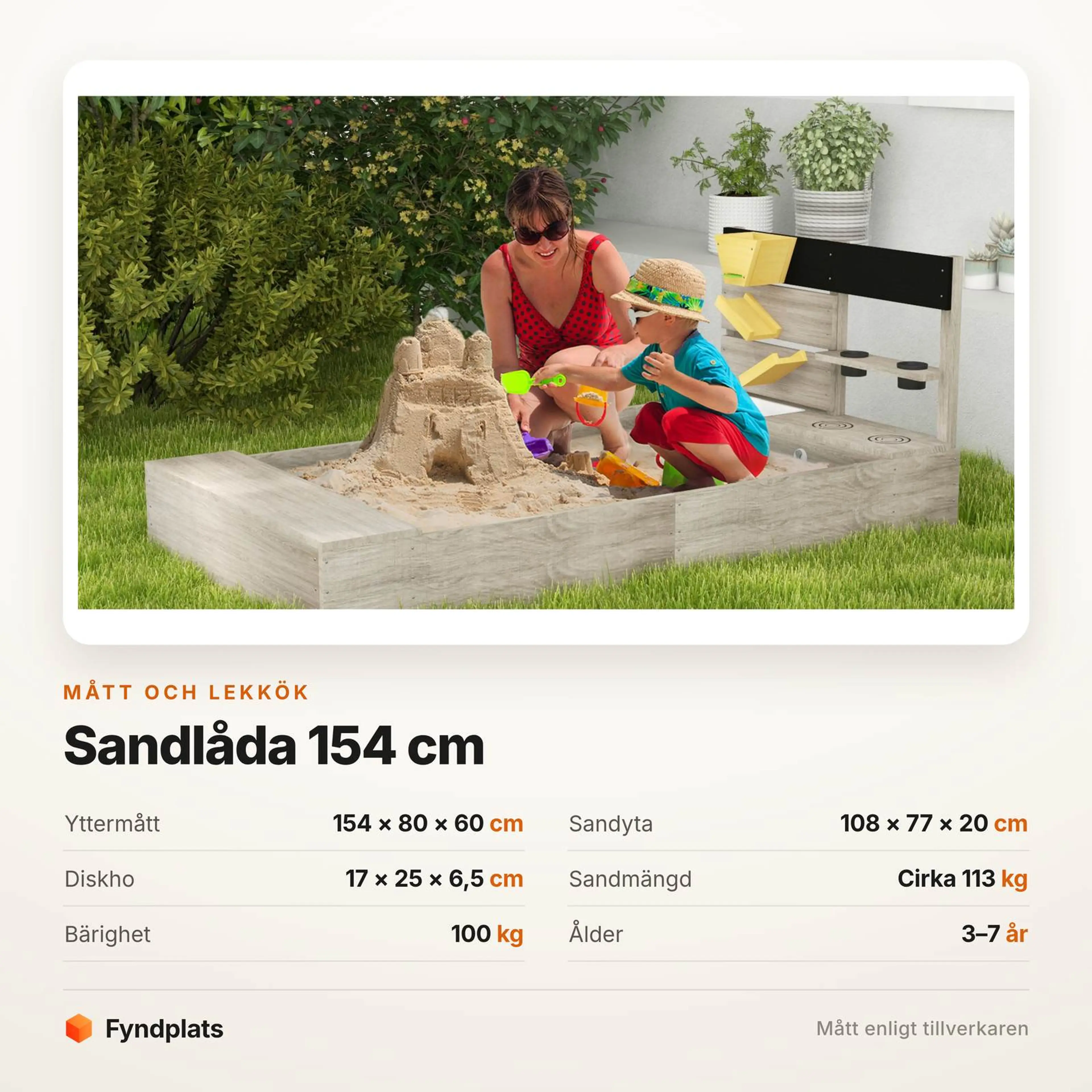 Måttkort: yttermått 154 × 80 × 60 cm och sandyta 108 × 77 cm