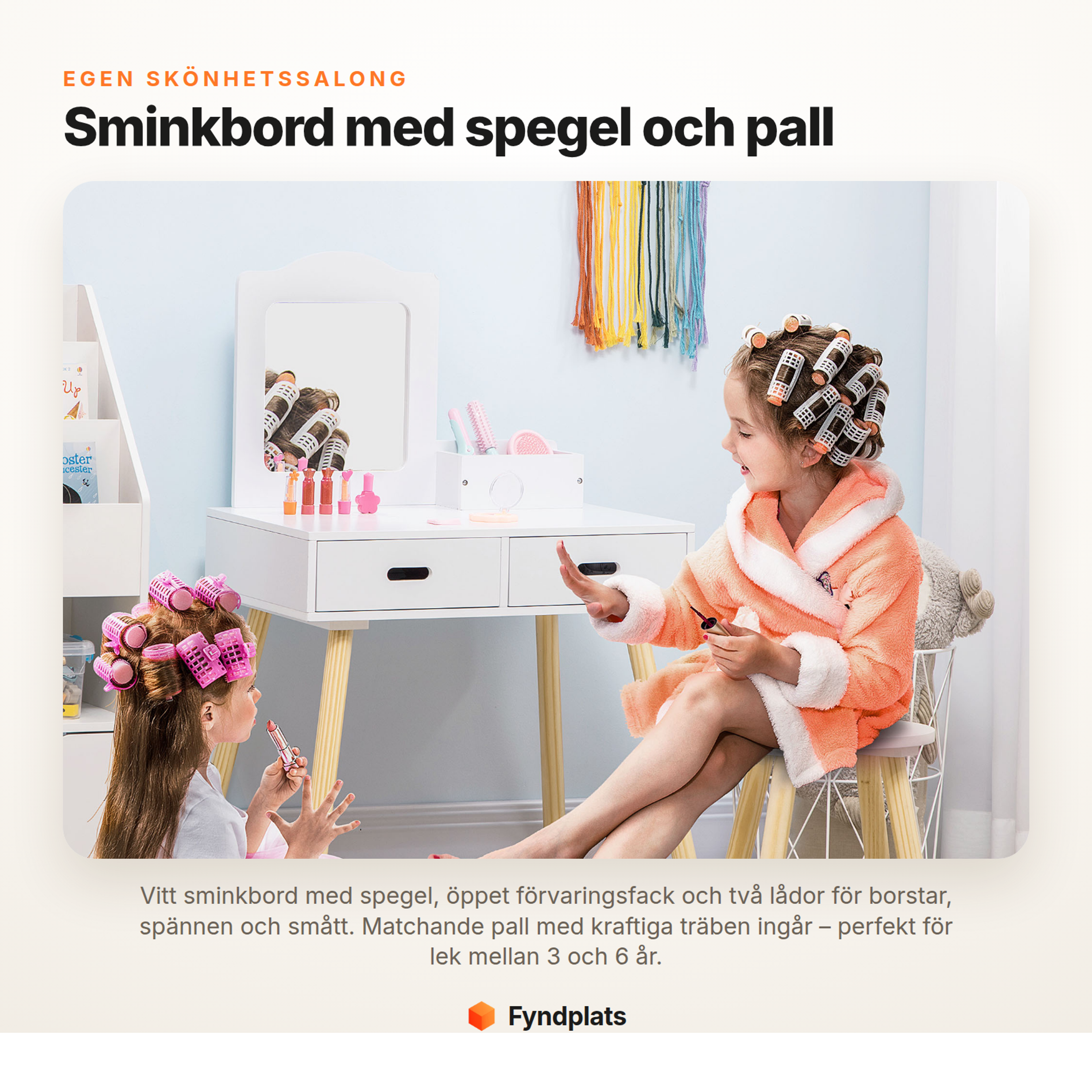 Fyndplats – vitt sminkbord för barn med spegel, pall, två lådor och förvaringsfack, 3–6 år