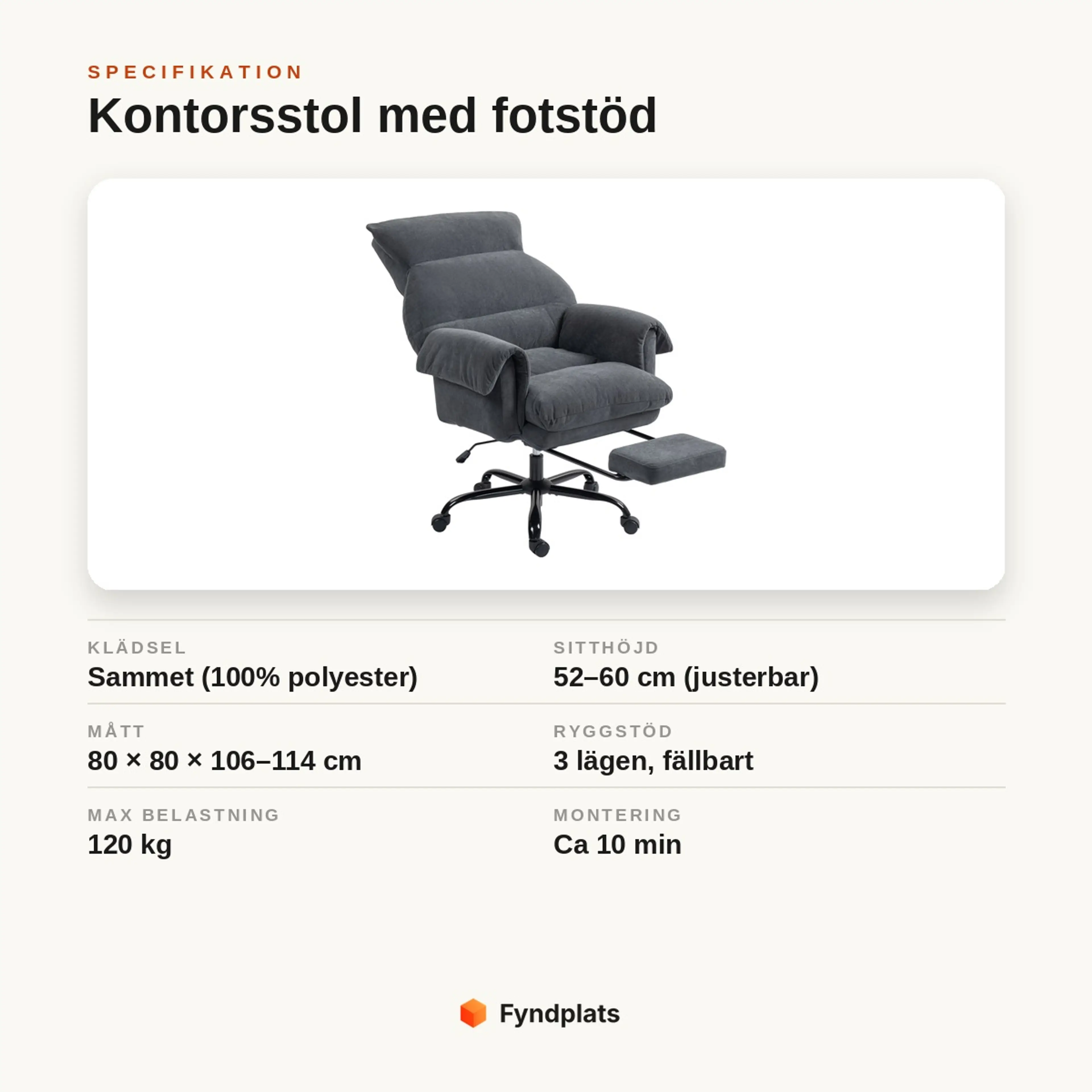 Specifikationskort: kontorsstol med fotstöd i sammet, sitthöjd 52–60 cm, fällbar rygg i 3 lägen, max 120 kg