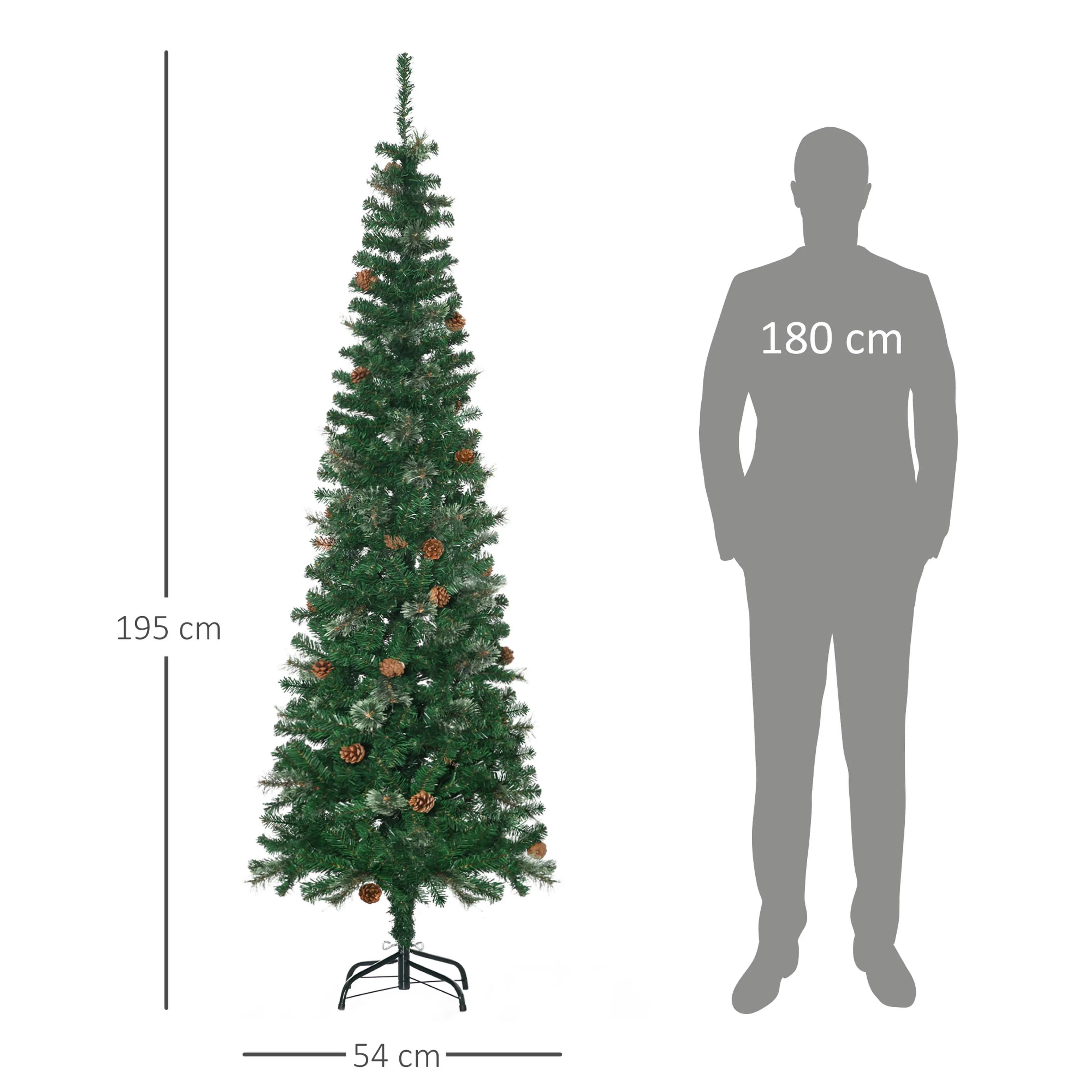 Måttbild: julgranen är 195 cm hög och 54 cm bred, bredvid en mänsklig siluett