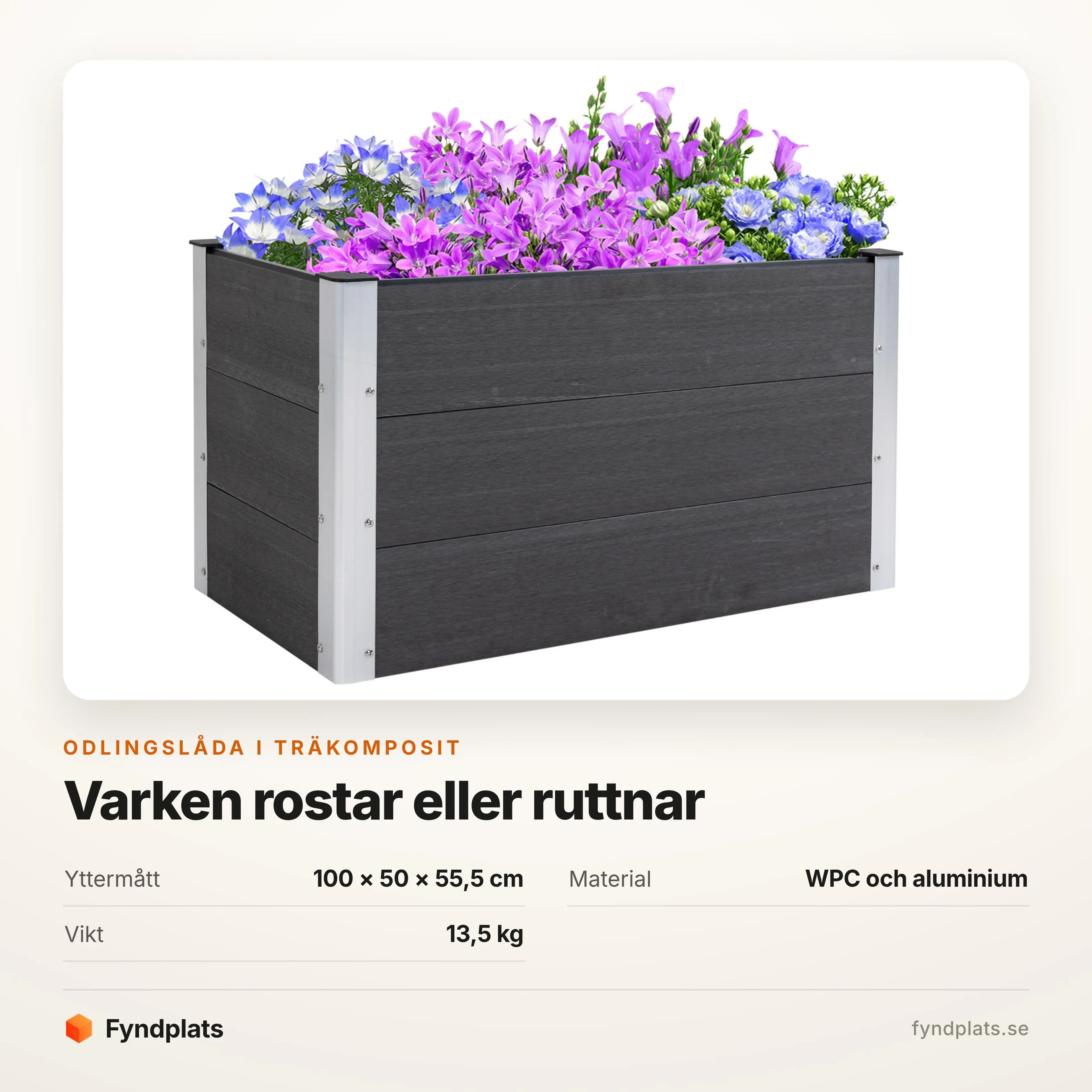 Specifikation: 100 × 50 × 55,5 cm i WPC och aluminium, vikt 13,5 kg