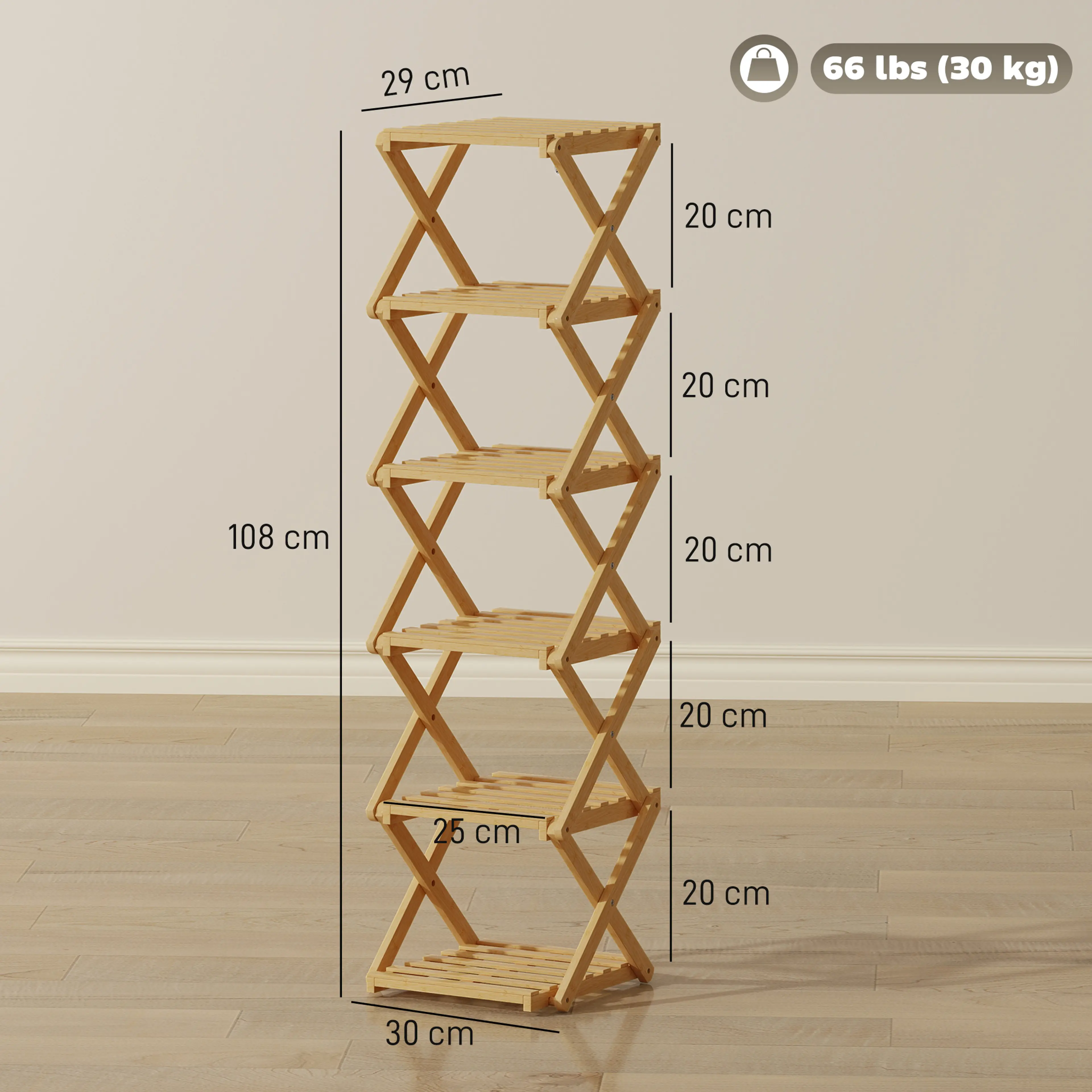 Måttbild: skohyllan är 30 cm bred, 29 cm djup och 108 cm hög, med 20 cm mellan planen