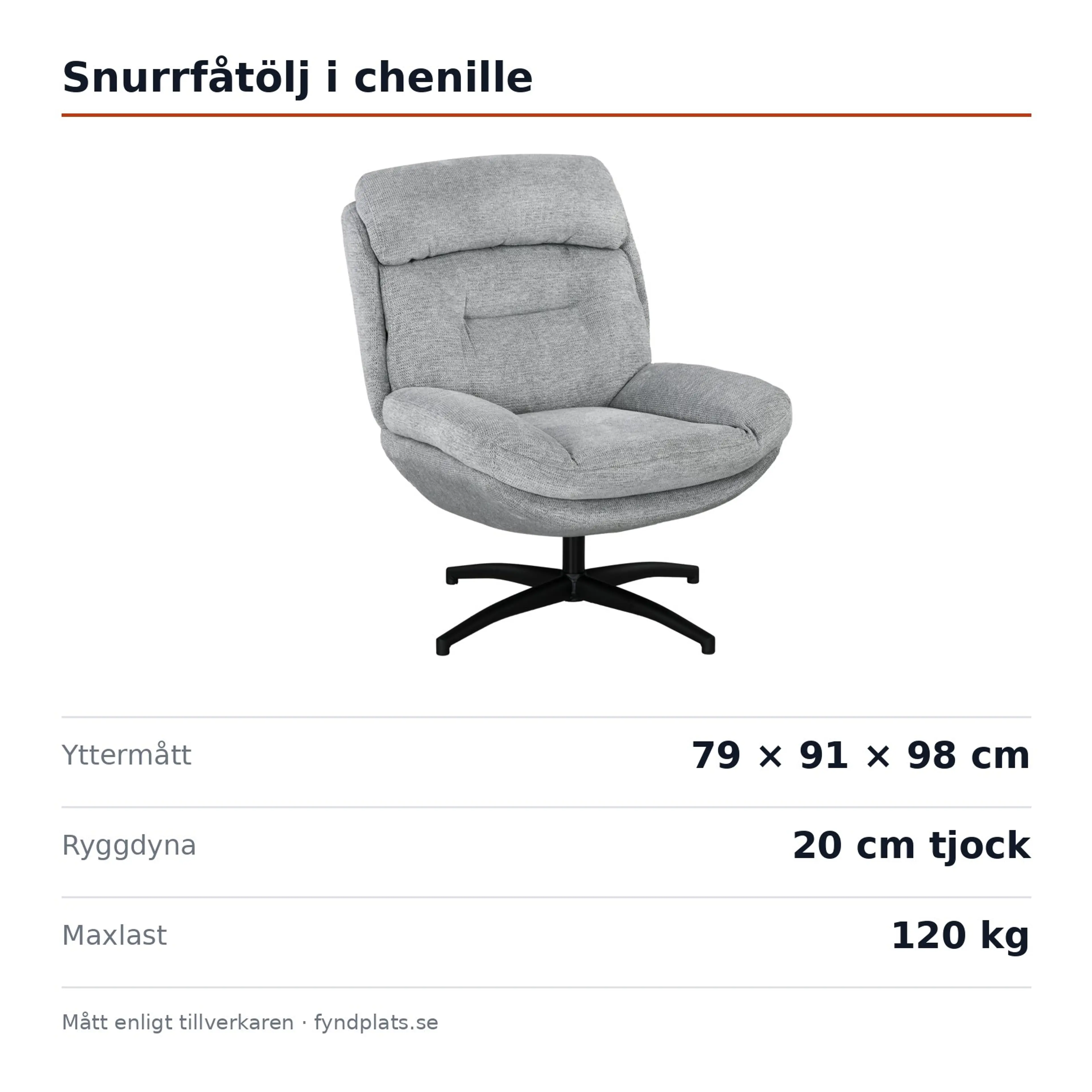 Spec-kort: snurrfåtölj 79 × 91 × 98 cm, ryggdyna 20 cm, maxlast 120 kg