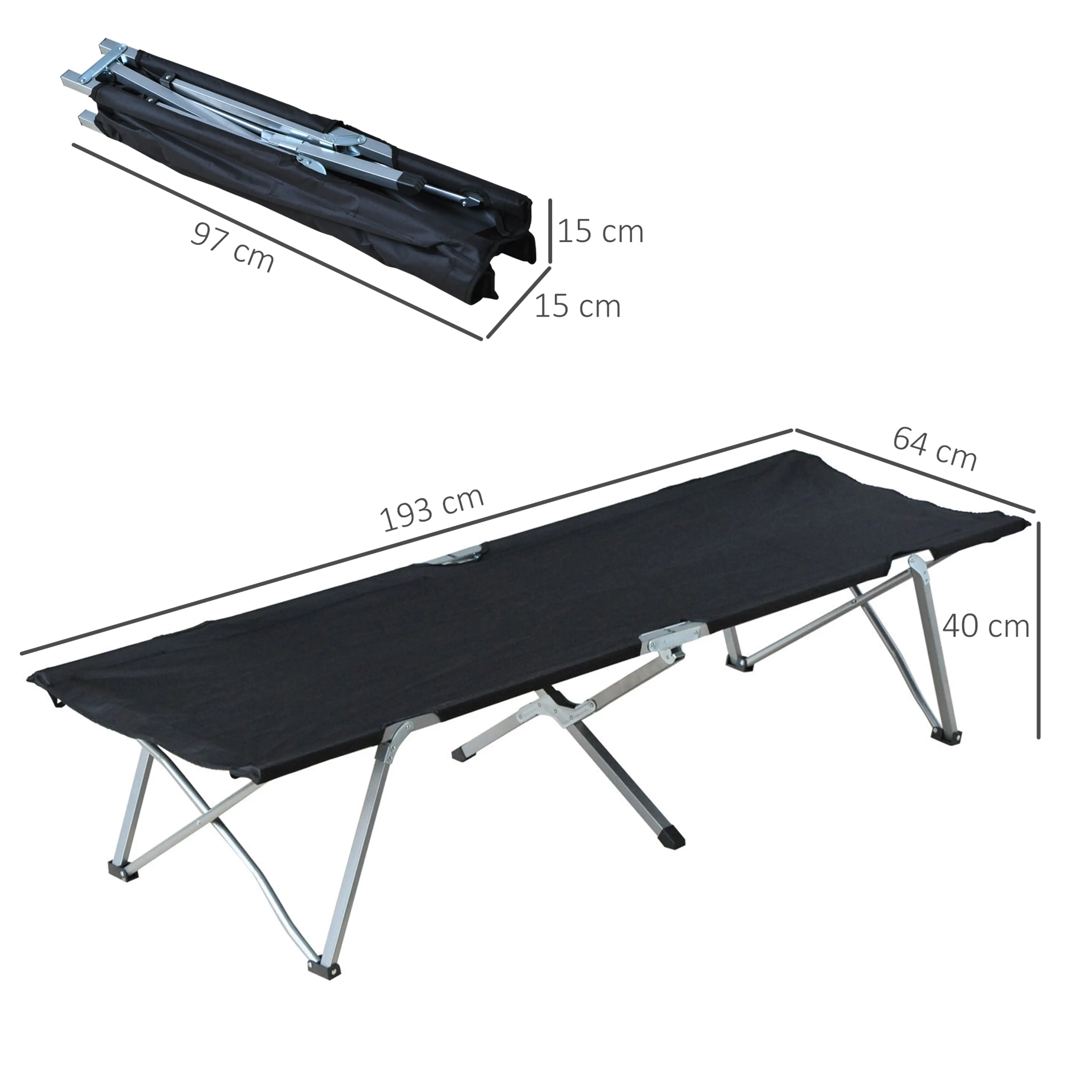Måttskiss: 193 × 64 × 40 cm och hopfällt 97 × 15 × 15 cm