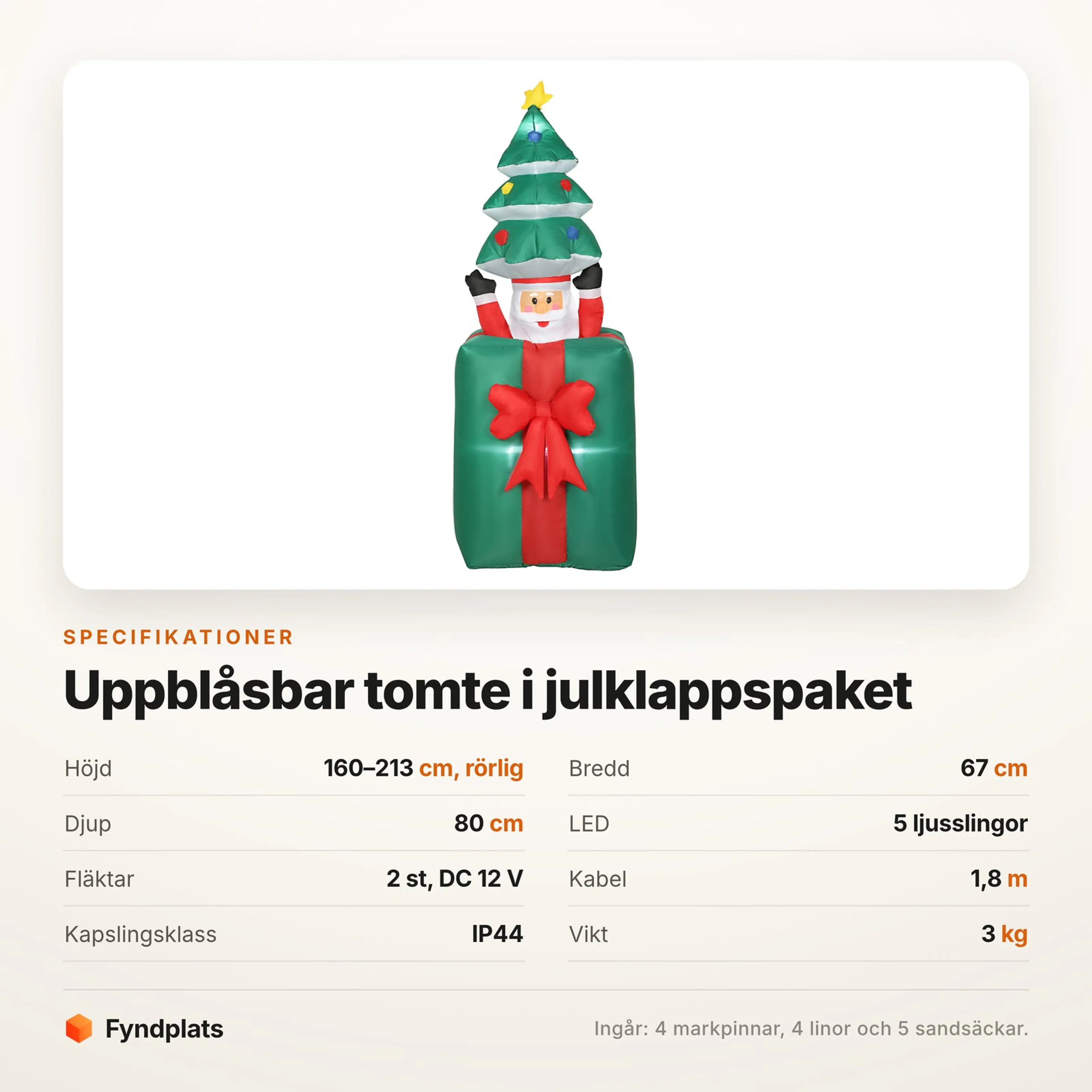 Specifikationskort för uppblåsbar juldekoration: 160–213 cm hög, 67 cm bred, 5 ljusslingor och IP44