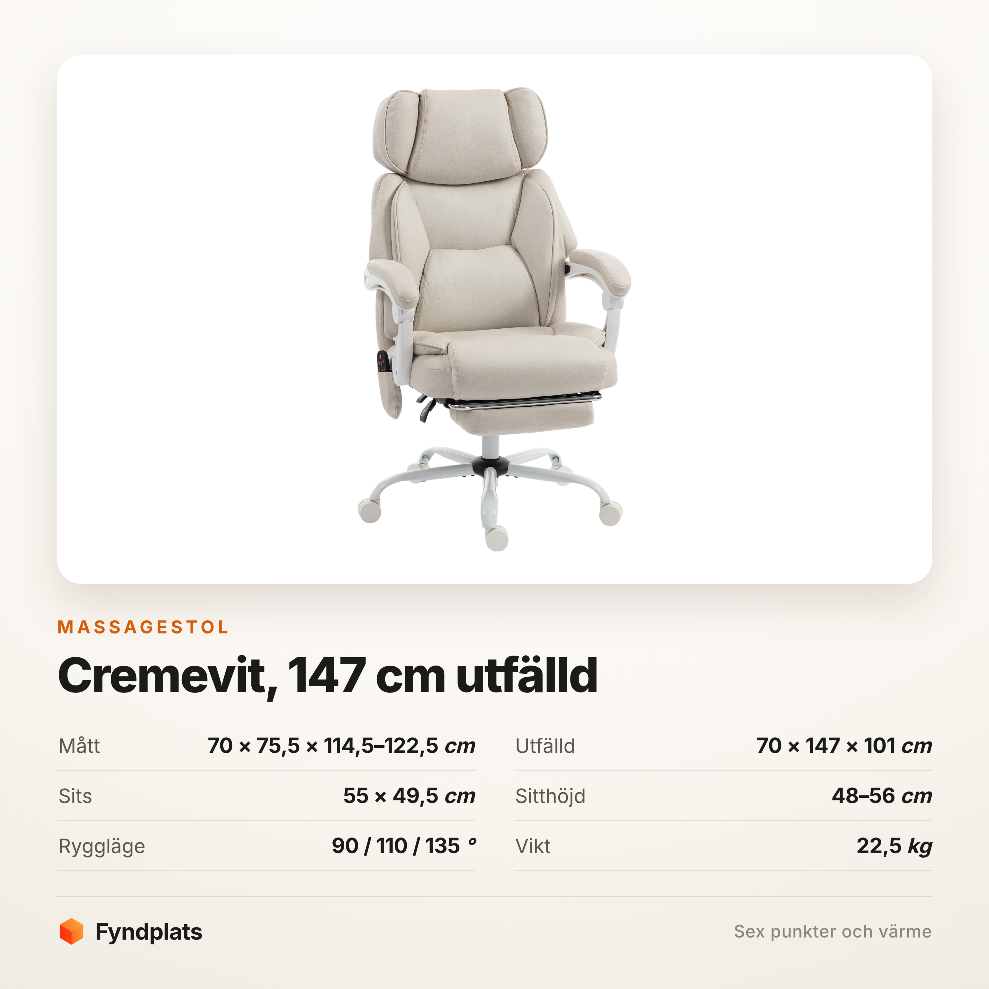 Massagestol cremevit med tre låsbara ryggvinklar – 147 cm utfälld, värme – bild 5