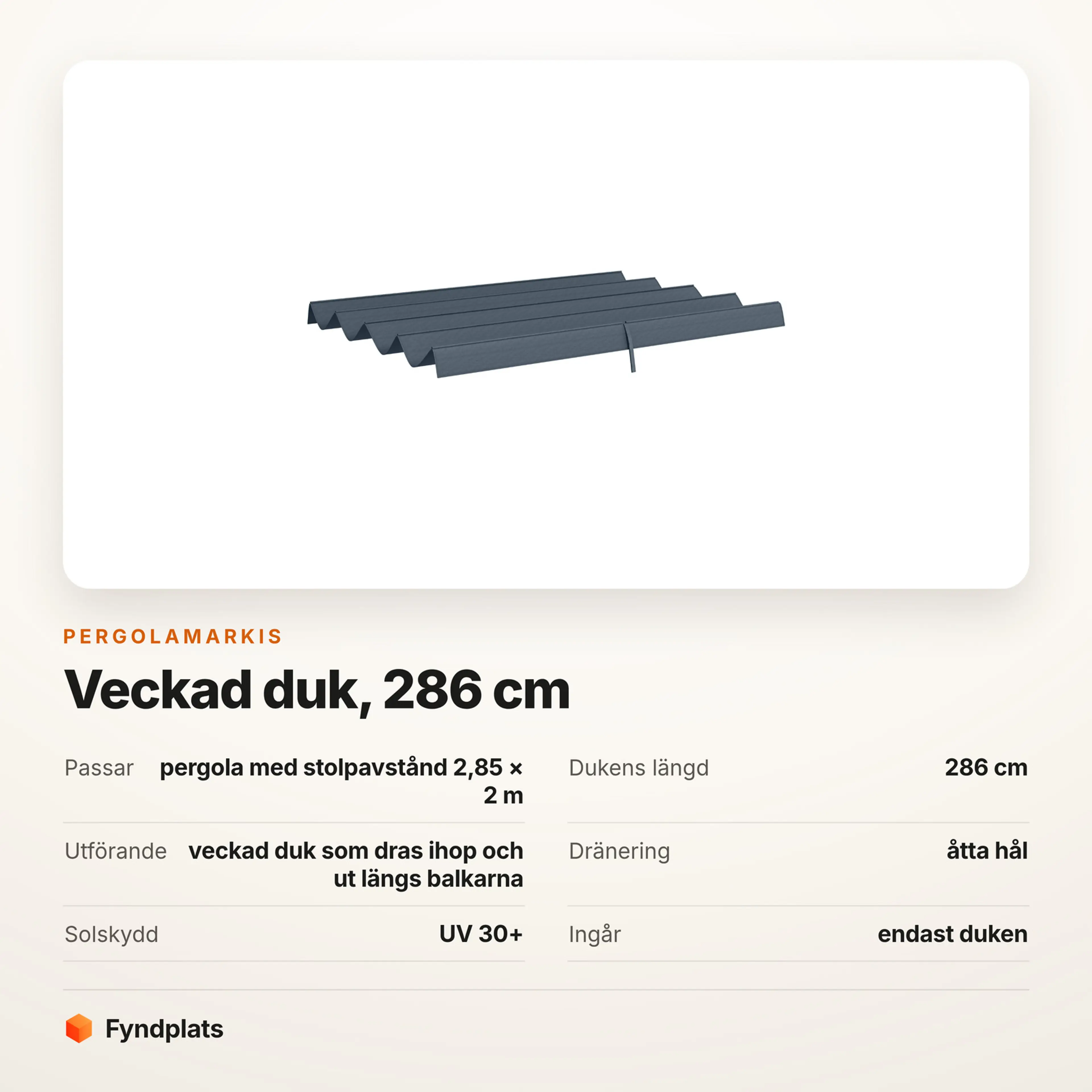 Faktakort: passar pergola med stolpavstånd 2,85 × 2 m, duken 286 cm lång med åtta dräneringshål