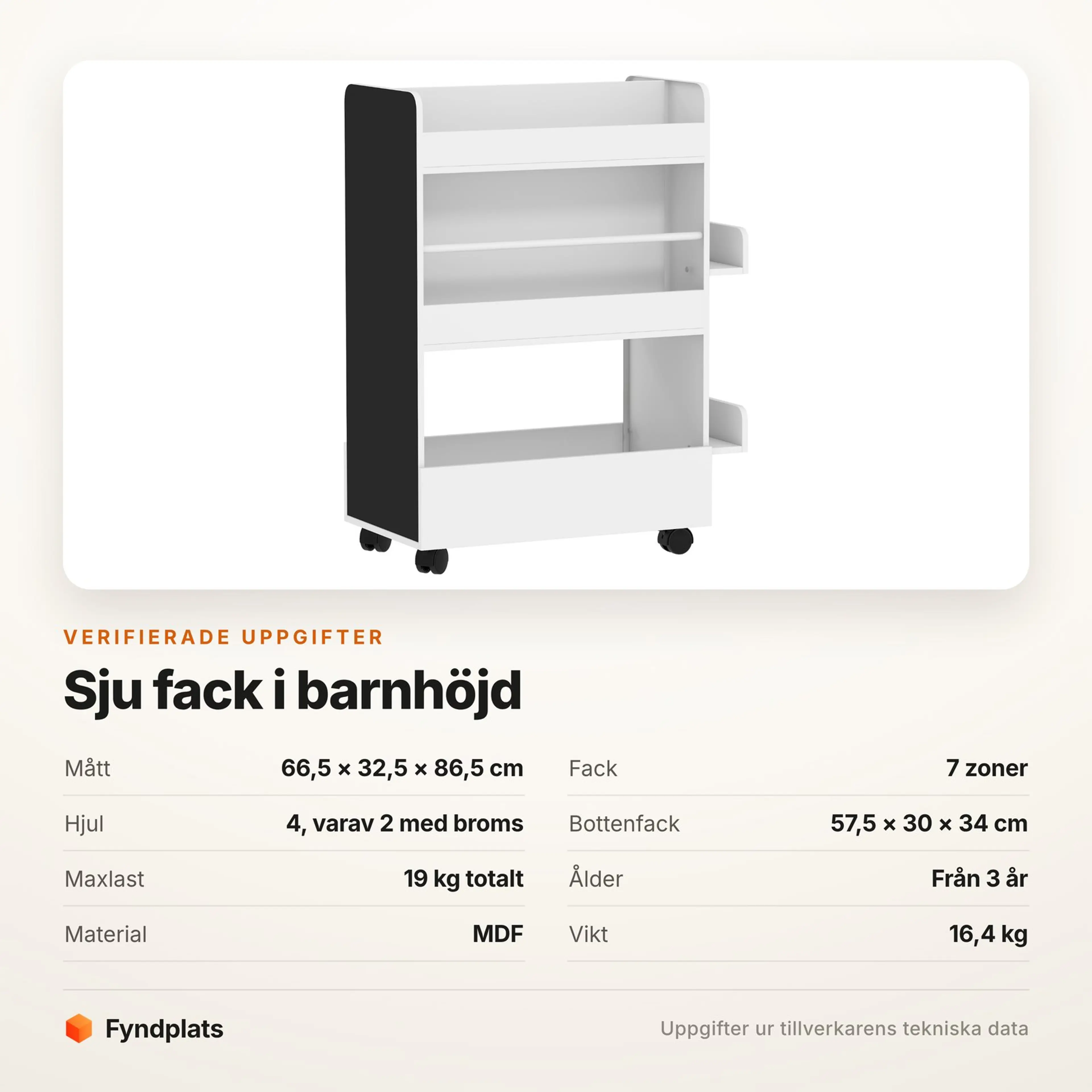 Specifikationer för barnbokhyllan: mått, fack, hjul och maxlast