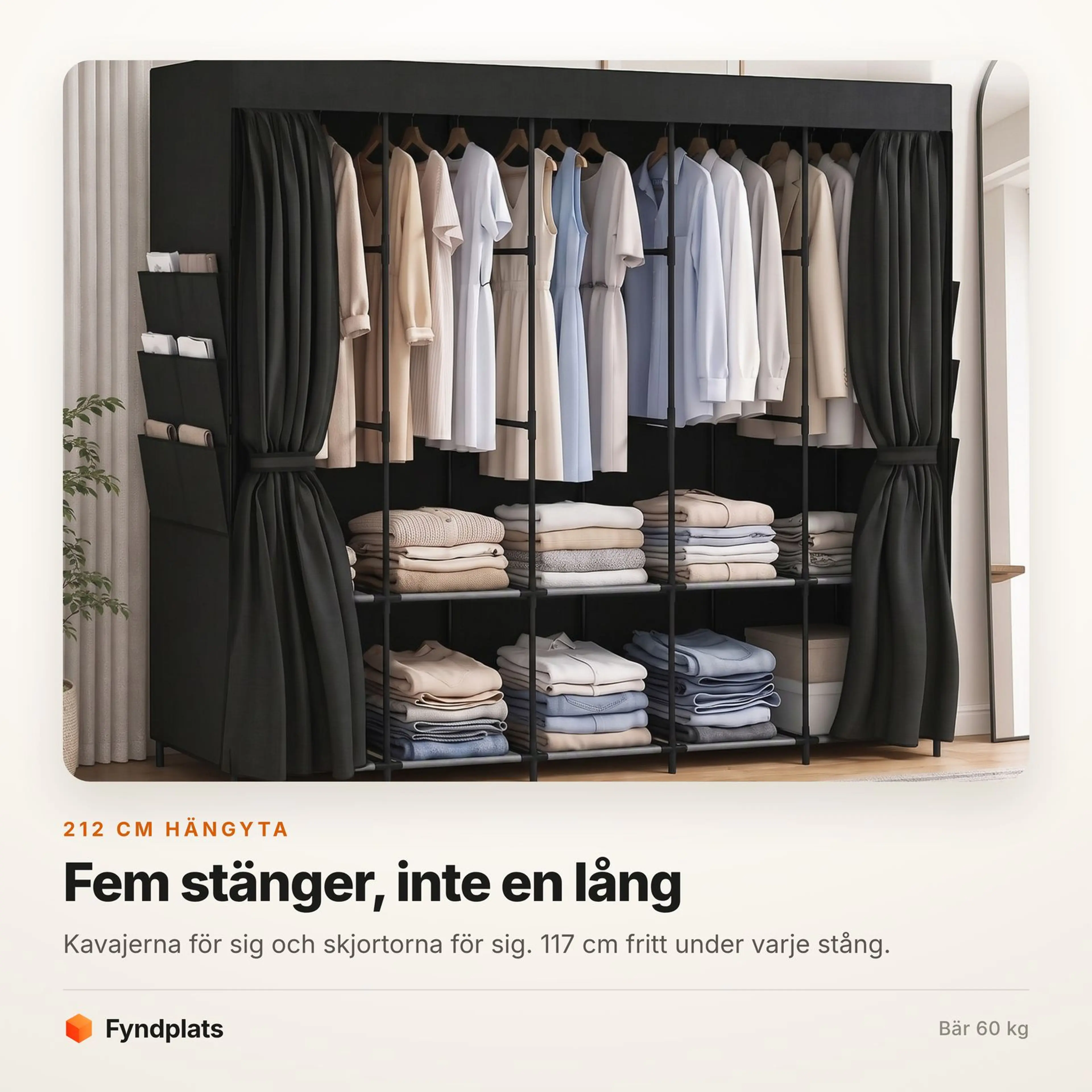Faktakort: fem hängstänger i stället för en lång, 117 cm fritt under varje. Bär 60 kg