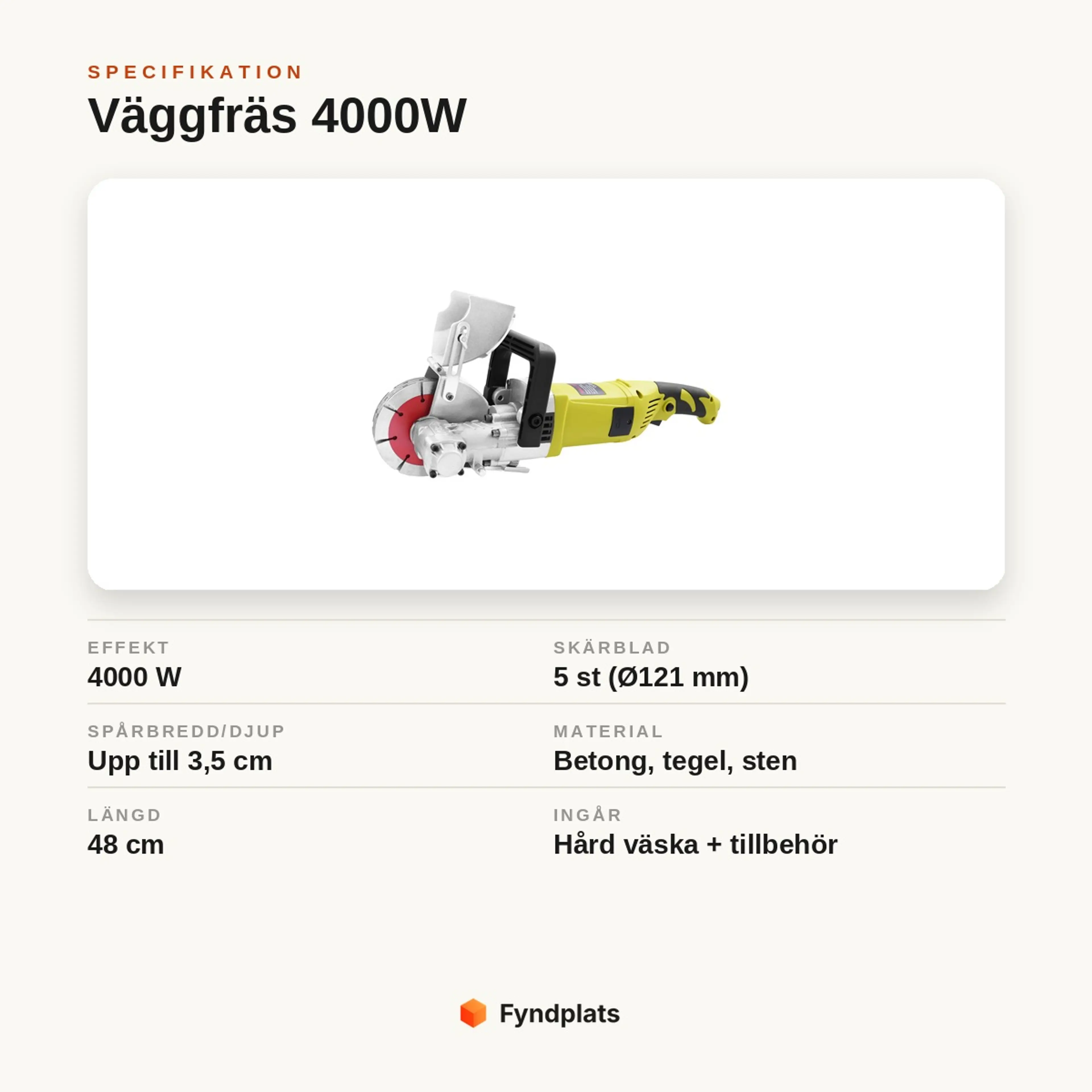 Specifikation: väggfräs 4000 W med fem Ø121 mm-blad, spårdjup upp till 3,5 cm och hård väska