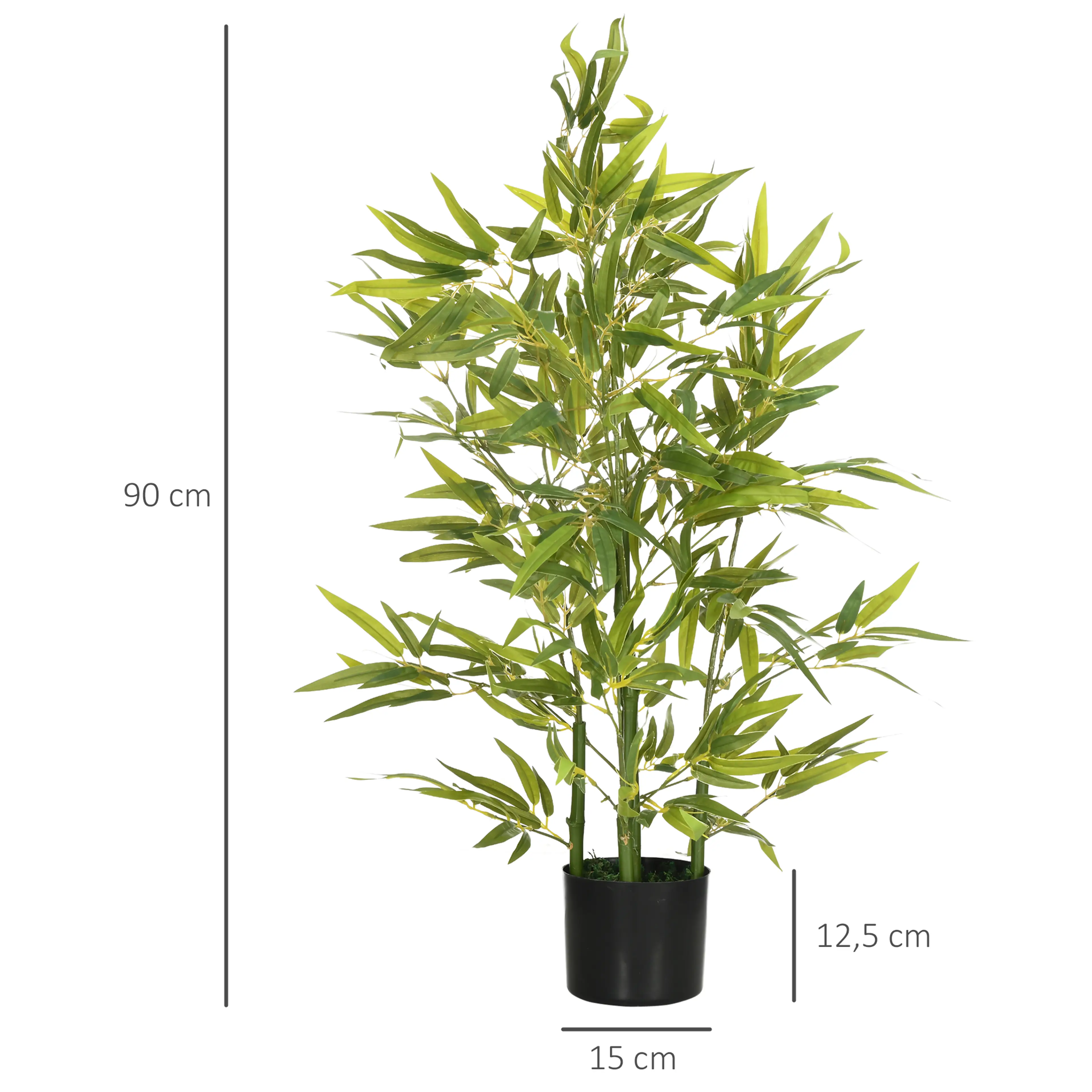 Måttbild: bambun är 90 cm hög och krukan 15 cm bred och 12,5 cm hög