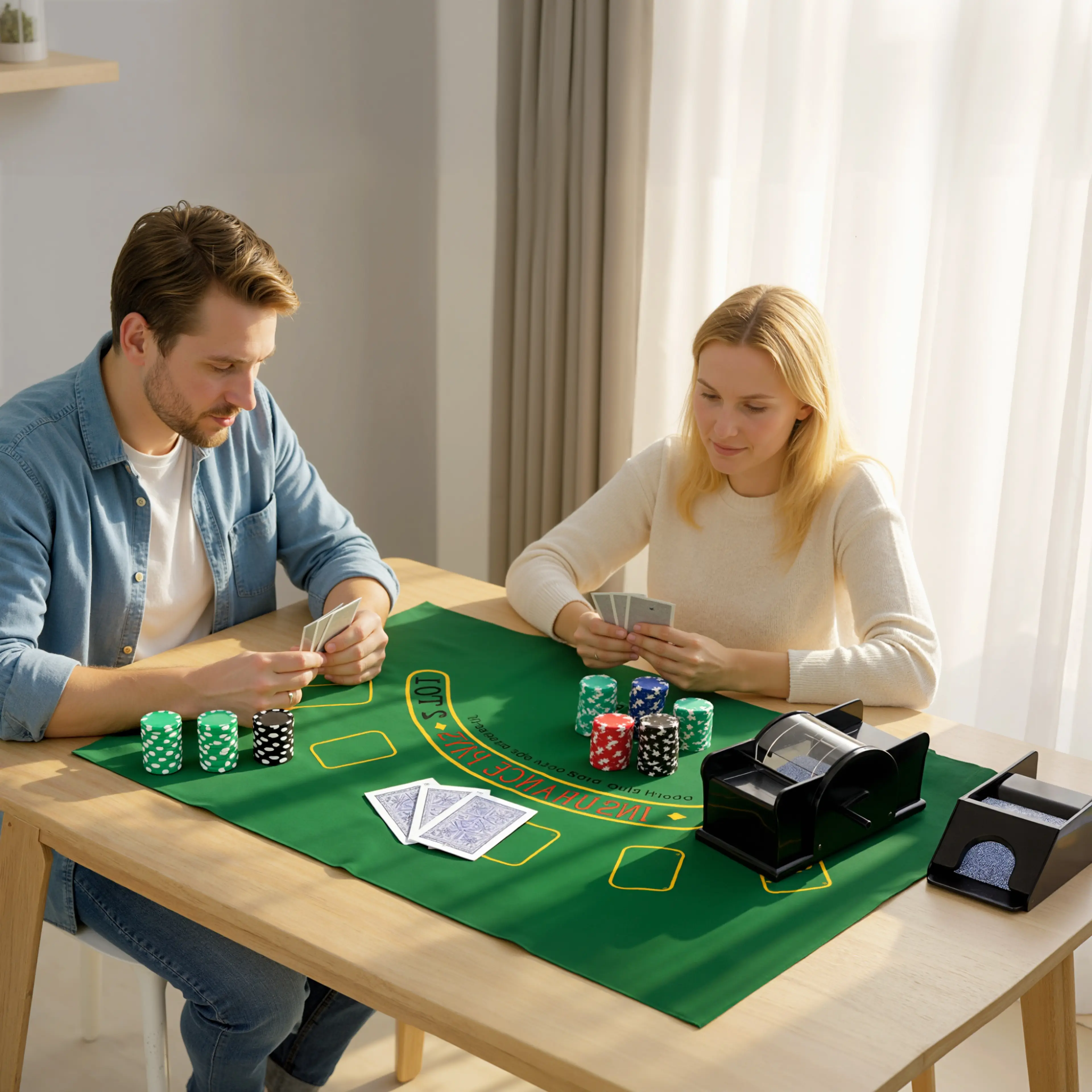 Två personer spelar kort vid ett bord med den gröna spelmattan, marker och kortblandaren