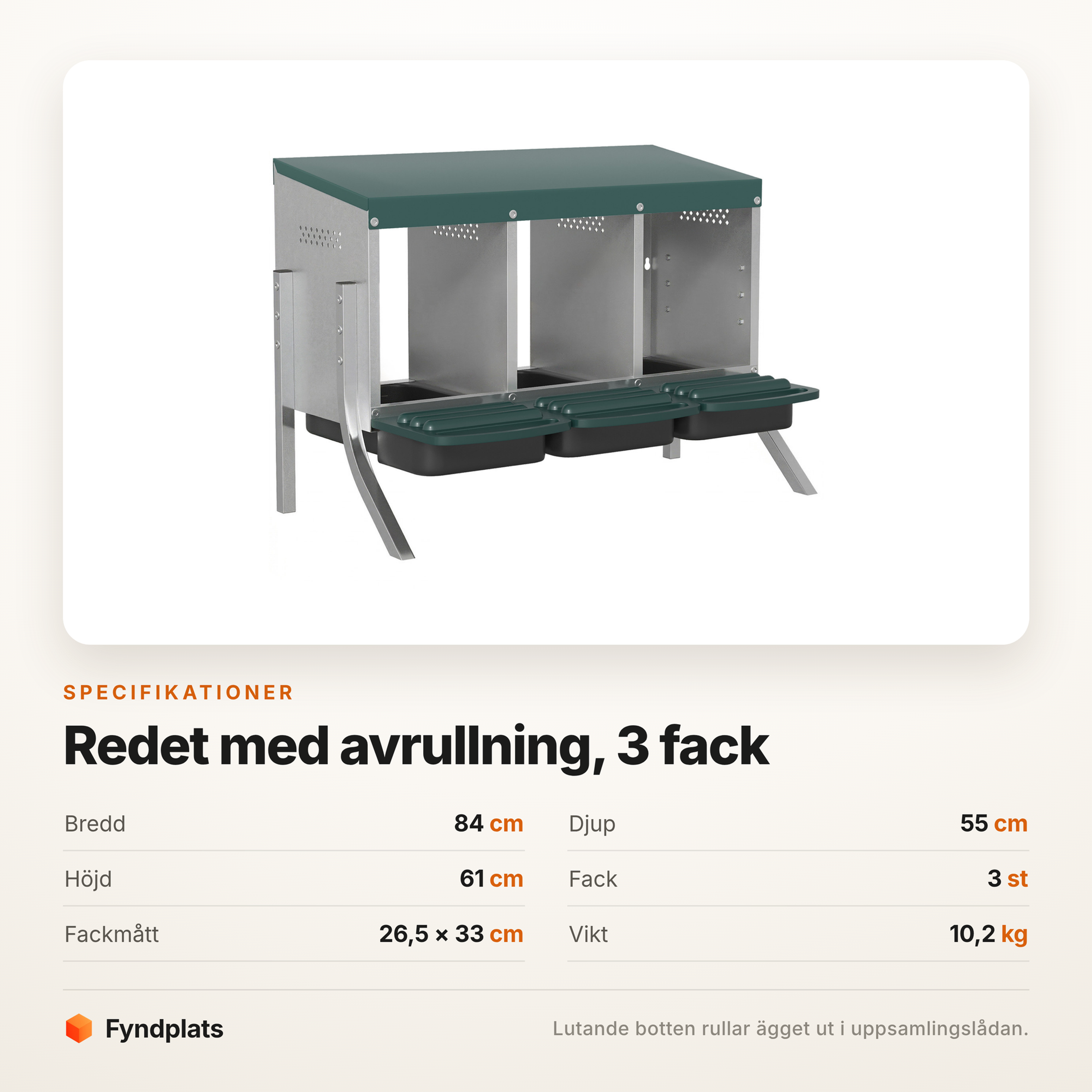 Specifikationer: 84 × 55 × 61 cm, tre fack om 26,5 × 33 cm och 10,2 kg