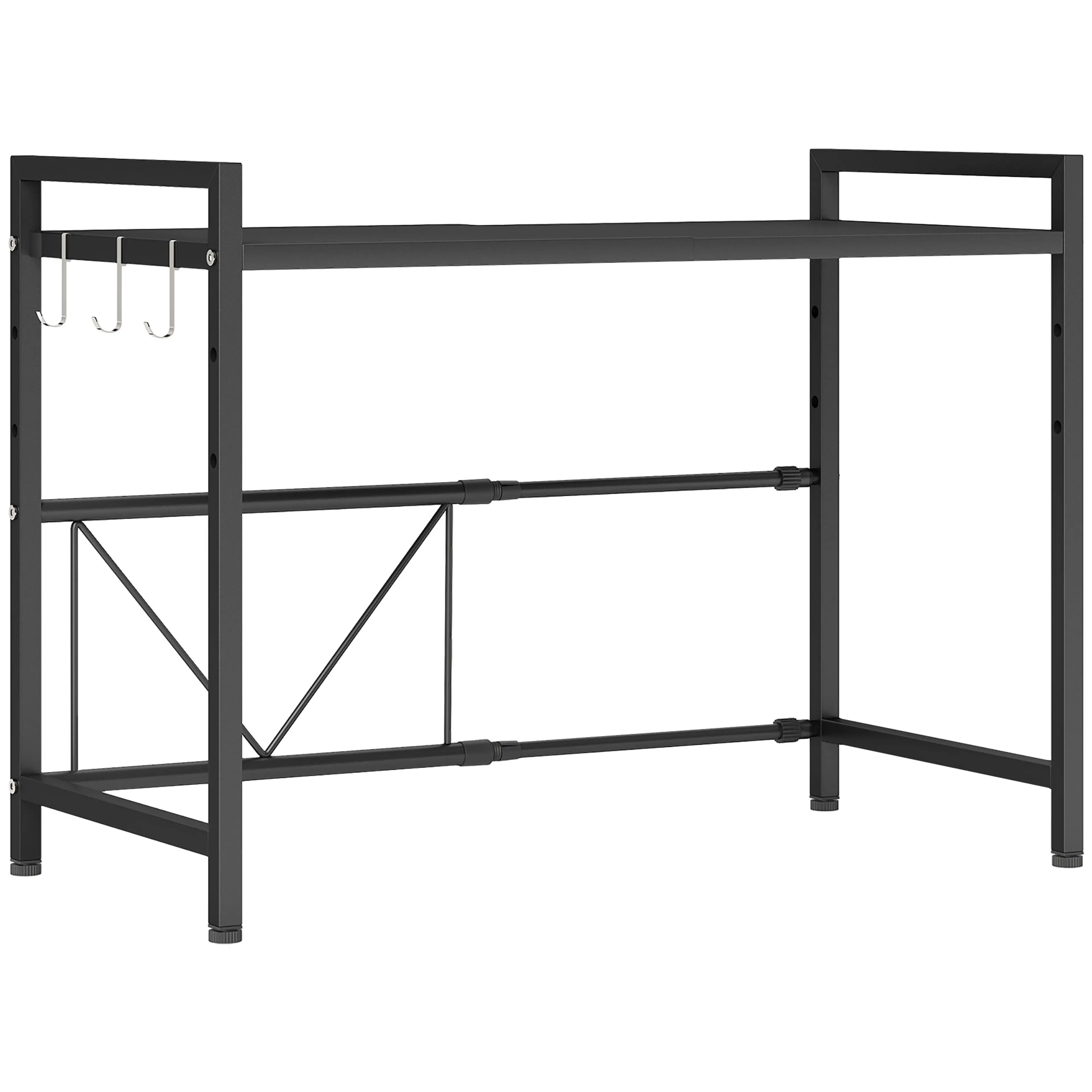 Mikrovågsugnshylla i svart metall – utdragbar 39,5–64 cm, tre krokar, bär 15 kg