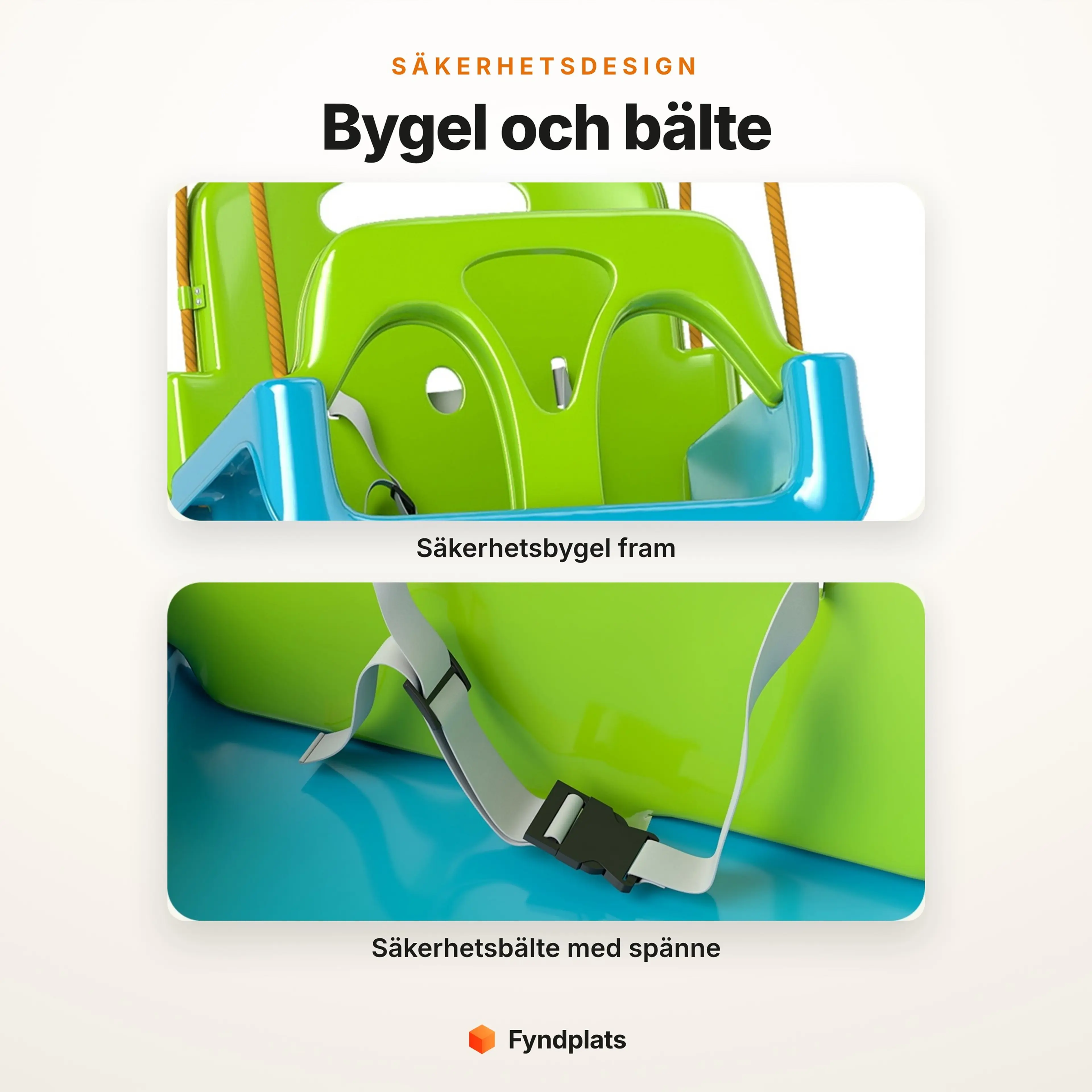 Närbild på babygungans säkerhetsbygel fram och säkerhetsbälte med spänne
