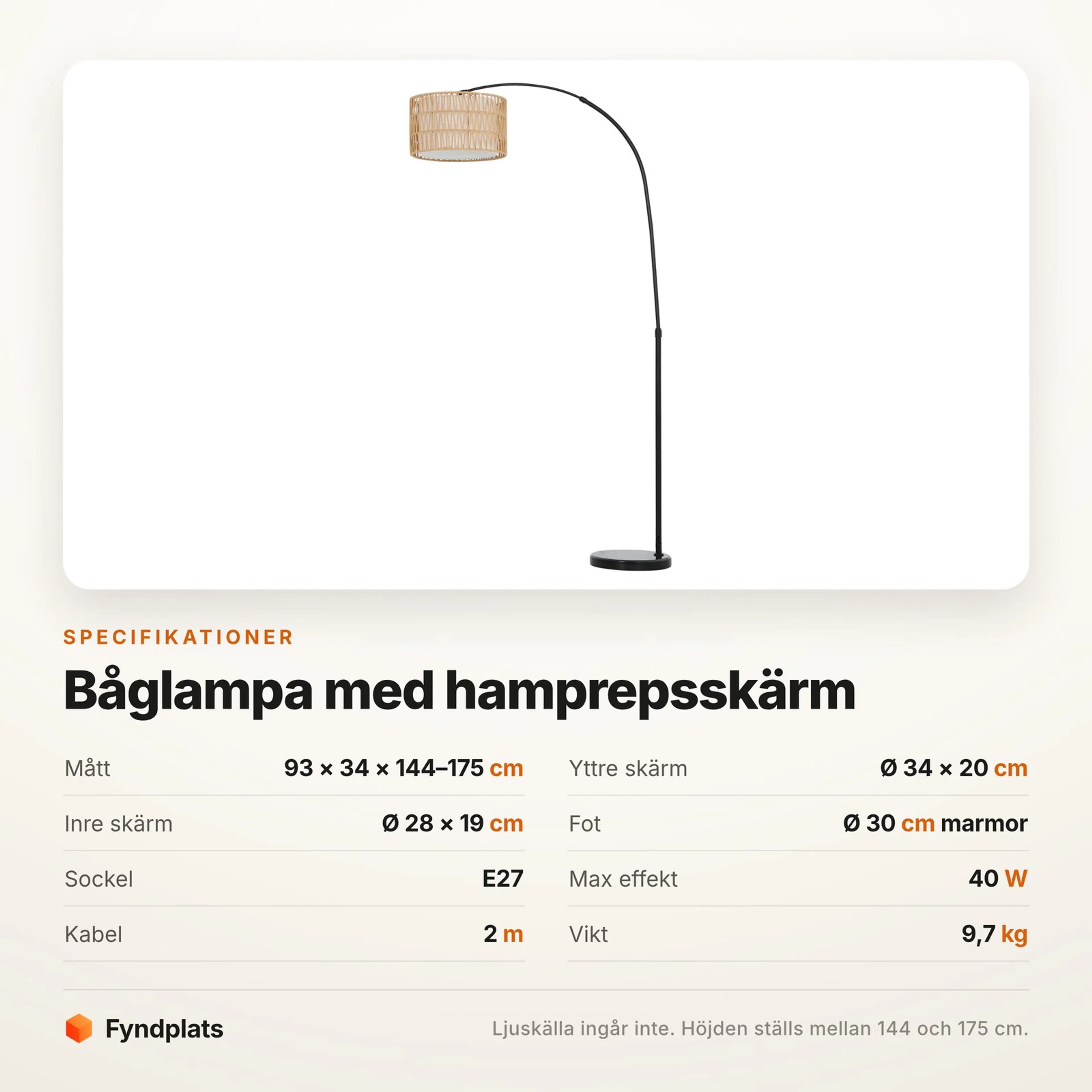 Fyndplats specifikationskort med lampans räckvidd, höjd och sockel