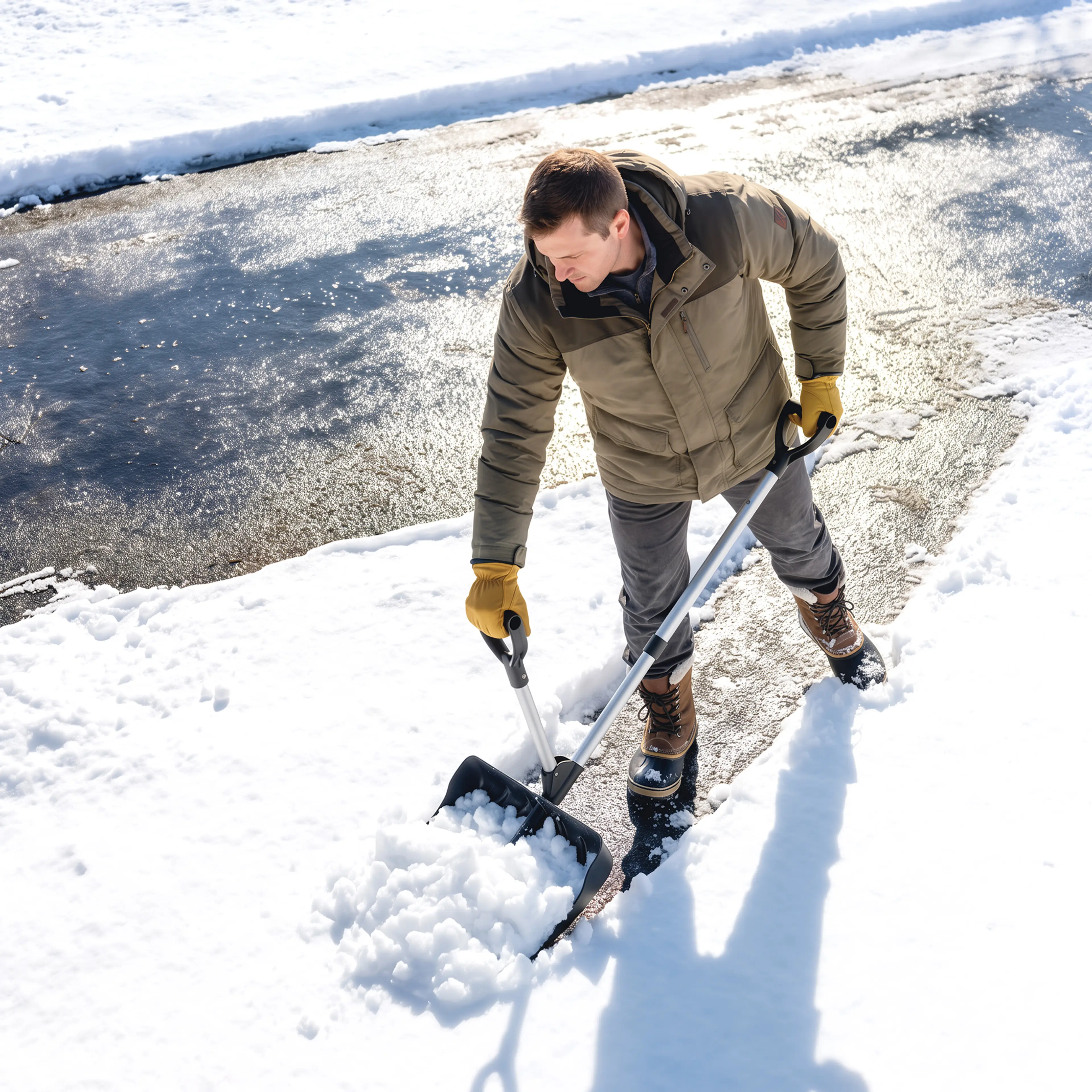 Man som skottar snö längs en väg med skyffeln