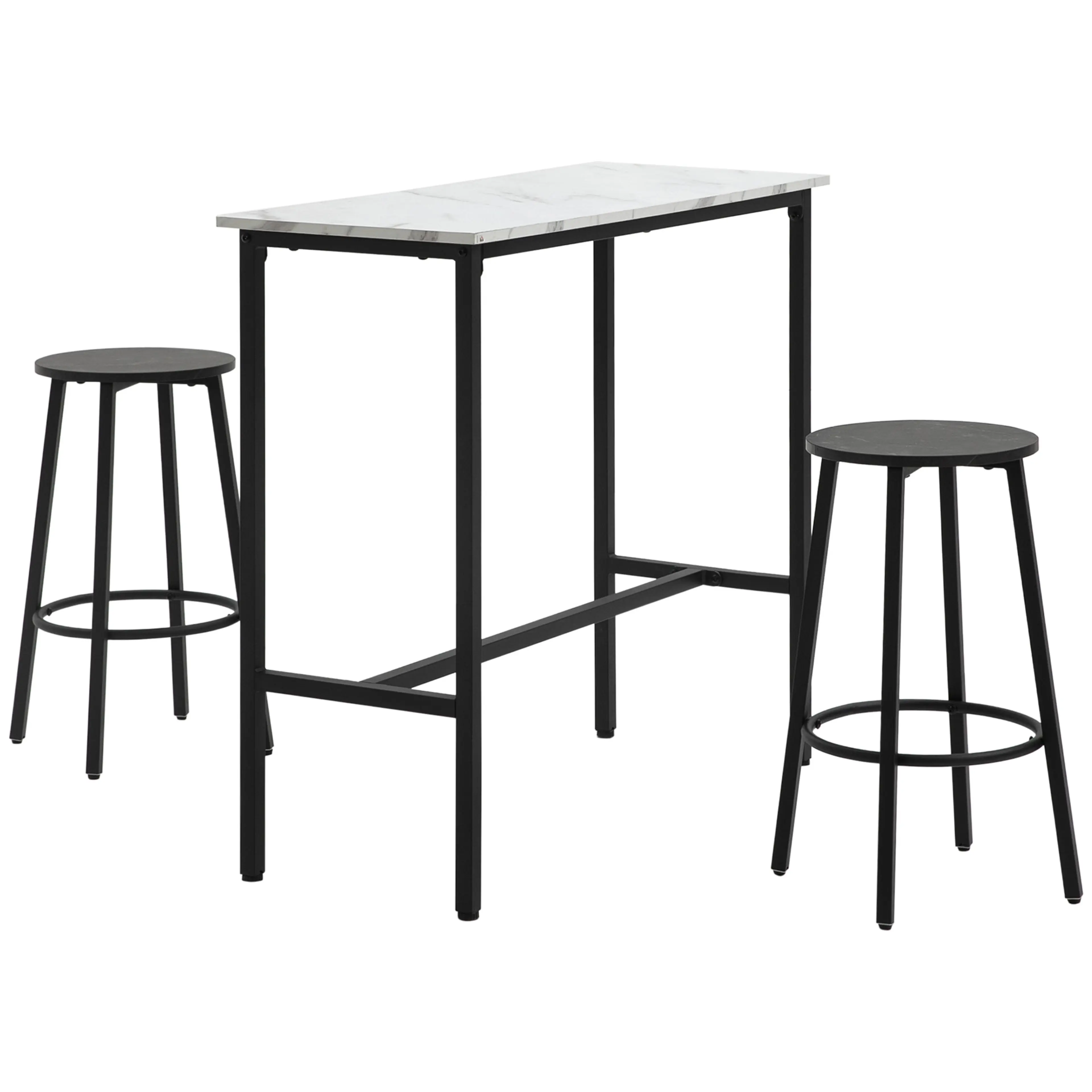 Barbord i marmoroptik 100 cm med två pallar – sitthöjd 60 cm