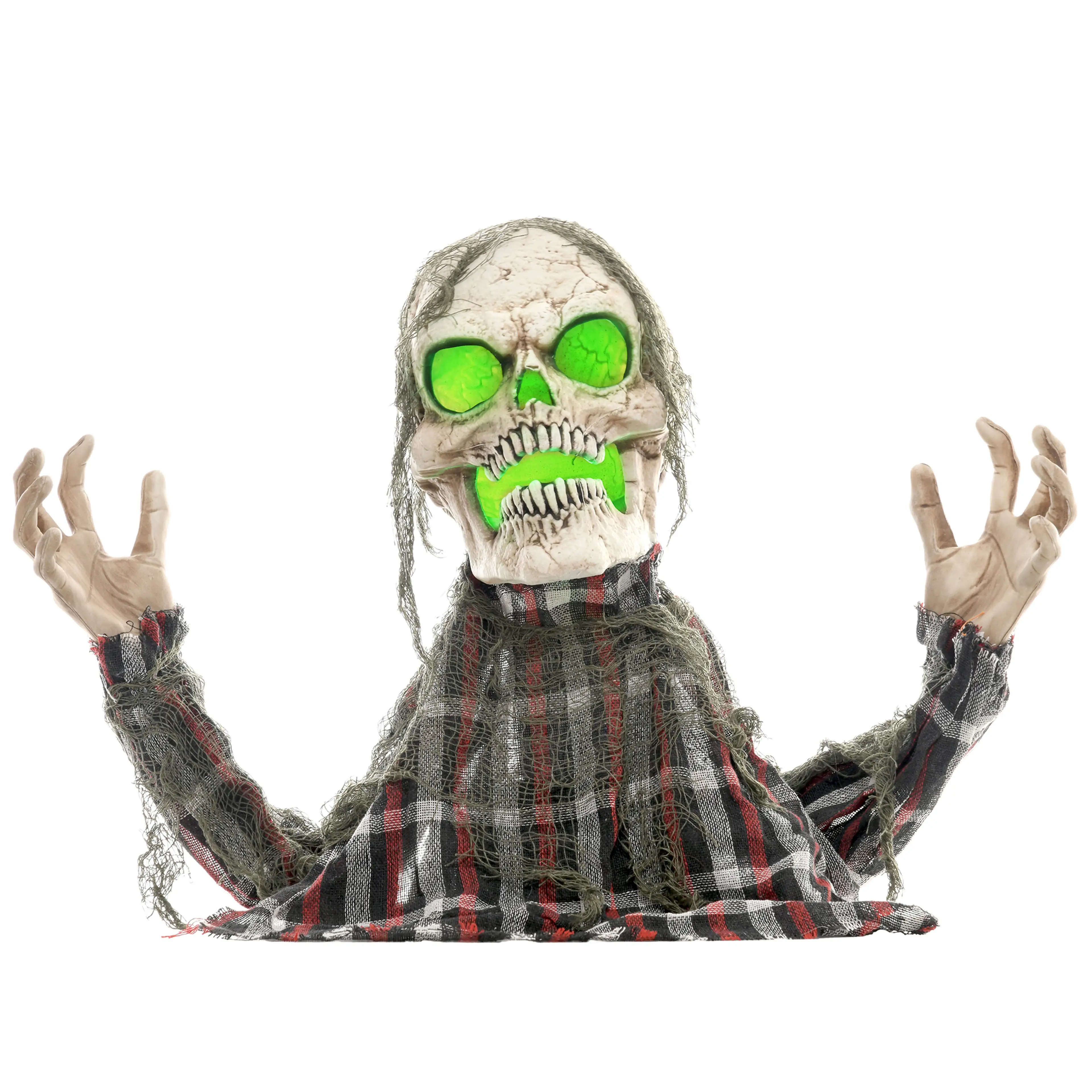 Halloweenskelett med rutig skjorta som kryper upp ur marken, med lysande ögon och mun