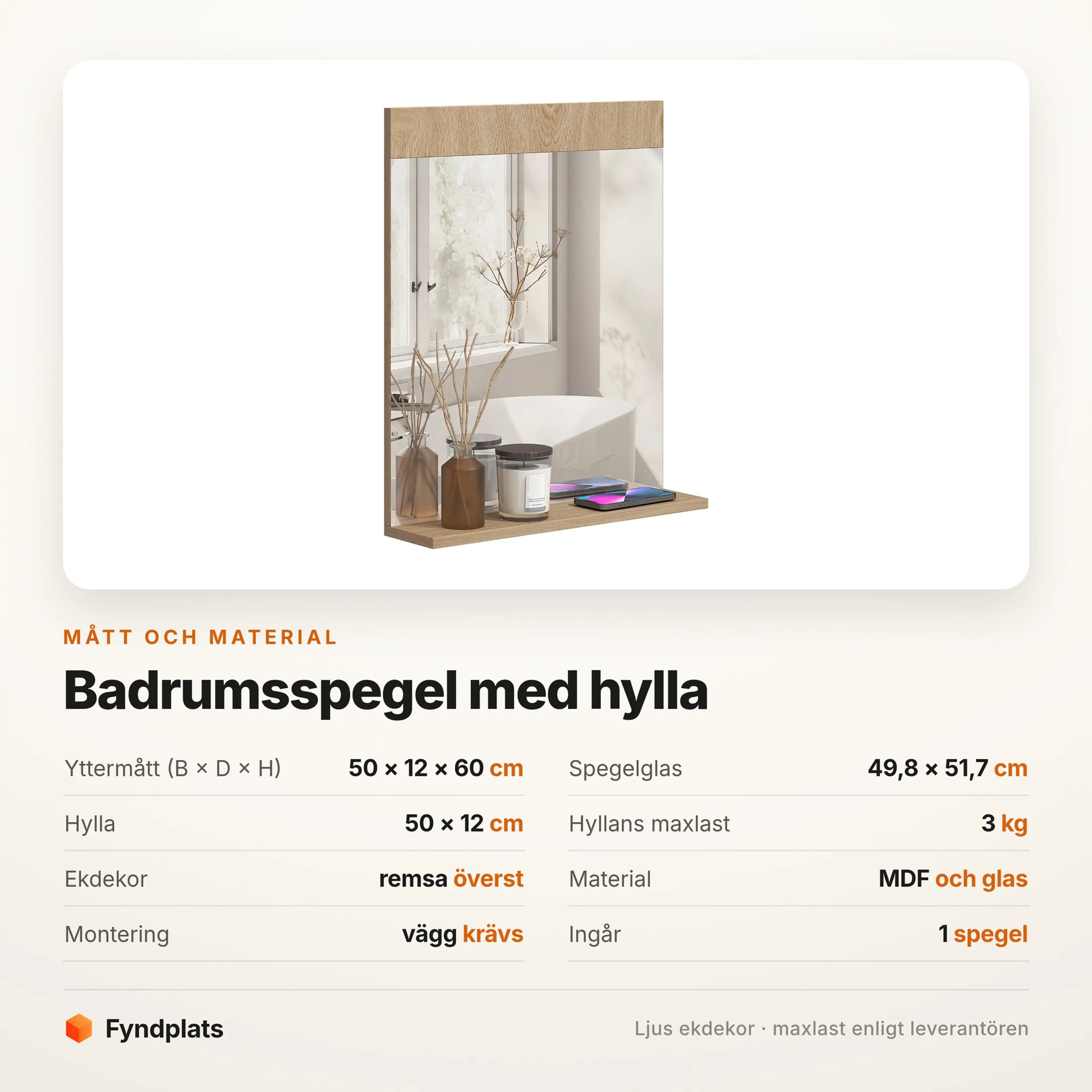 Måttabell för badrumsspegeln: 50 × 12 × 60 cm och glas 49,8 × 51,7 cm