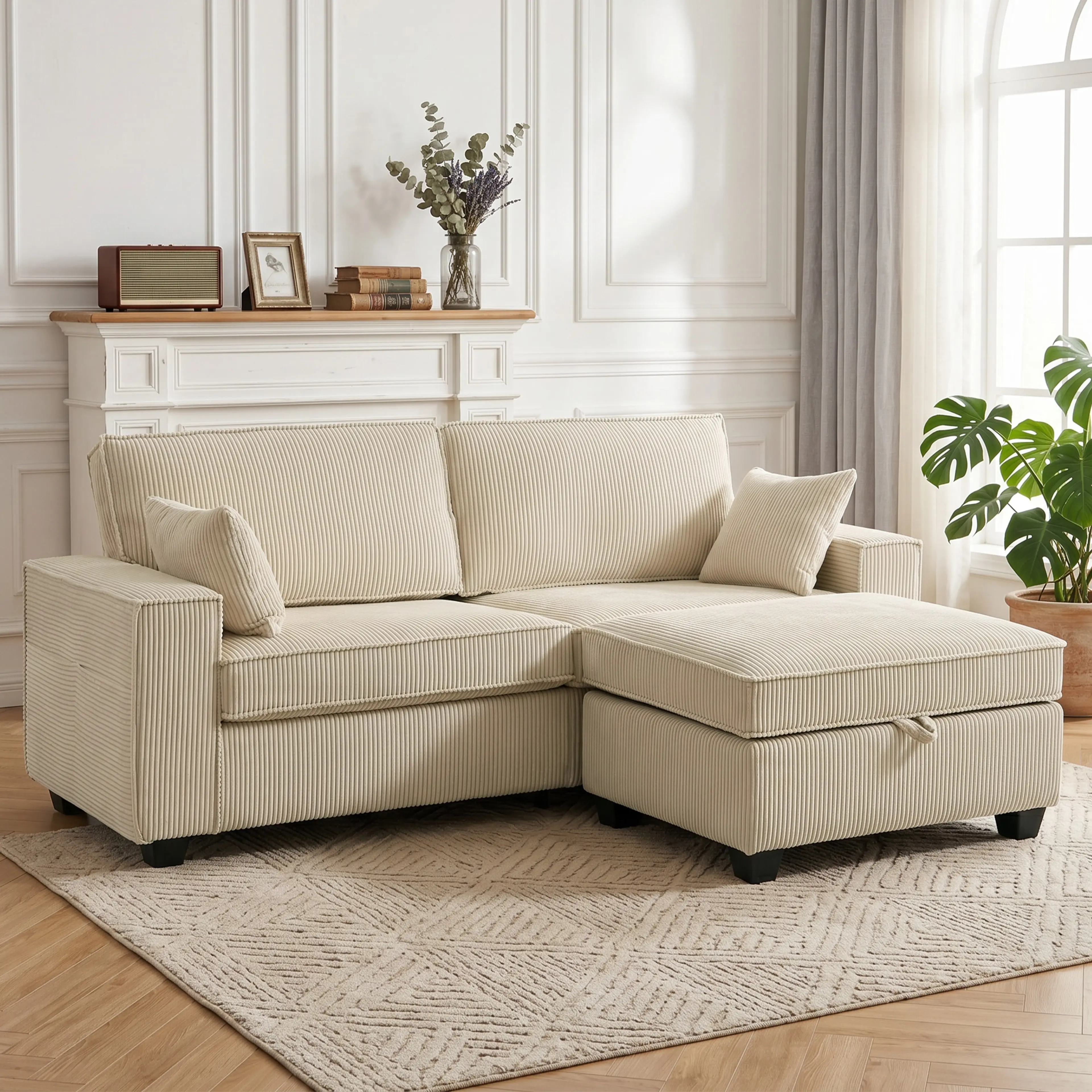 Hörnsoffa beige 216 cm med förvaring i ottomanen – manchester, bär 400 kg – bild 3